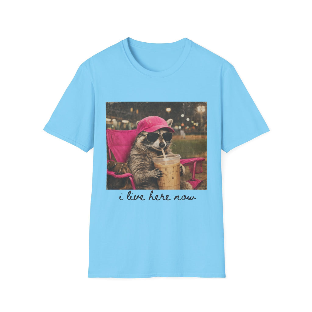 Raccoon Baseball/Softball Relaxing T-Shirt — 'Live Here Now' Retro Vacation Graphic Tee