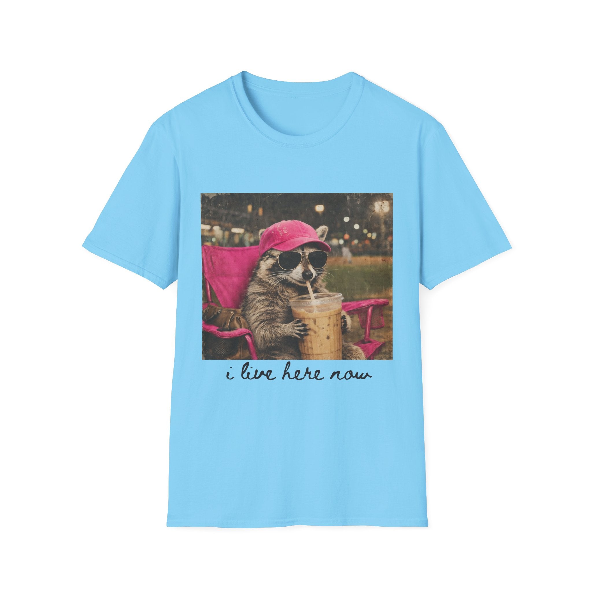 Raccoon Baseball/Softball Relaxing T-Shirt — 'Live Here Now' Retro Vacation Graphic Tee