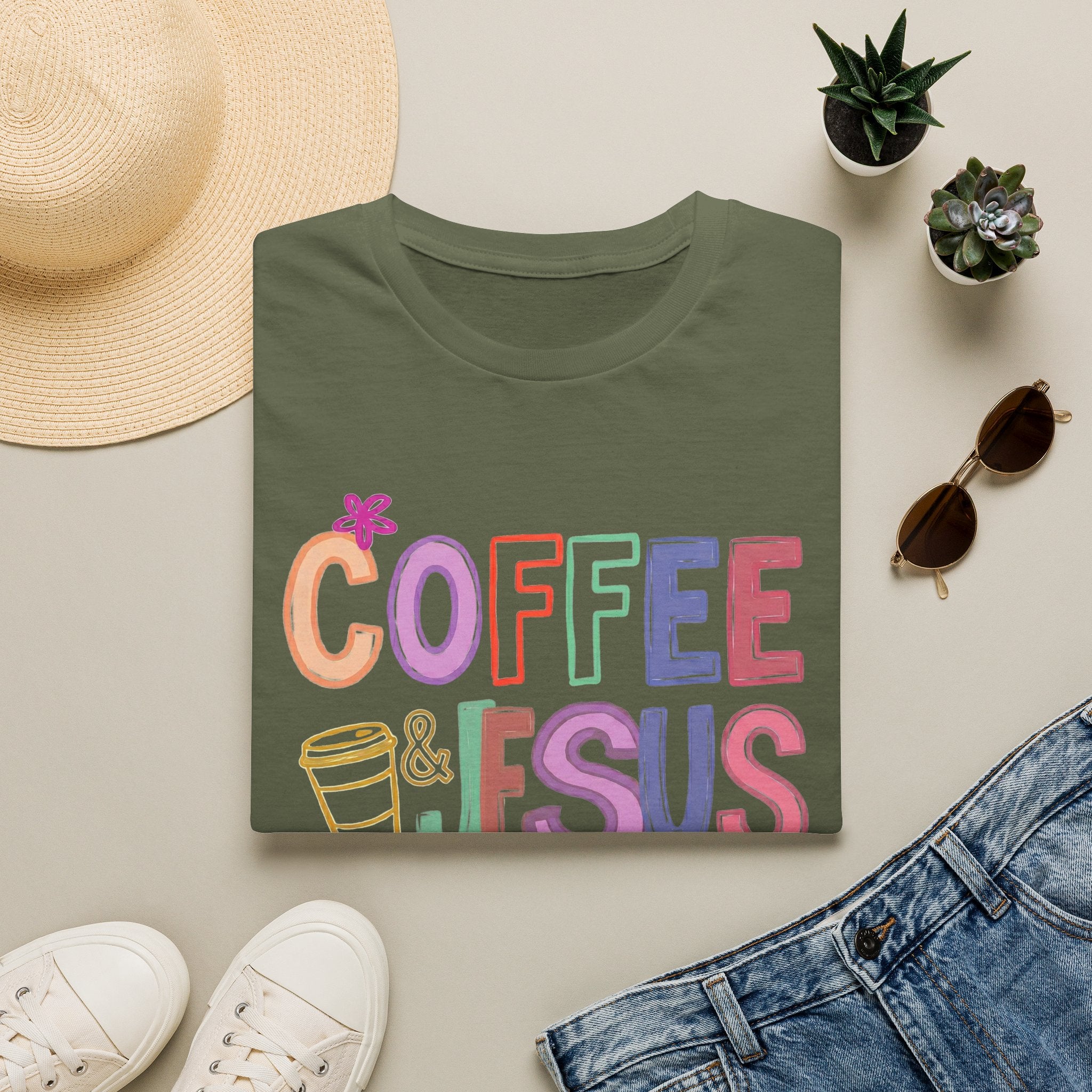 Coffee & Jesus T‑Shirt — Colorful Faith Graphic Tee for Women