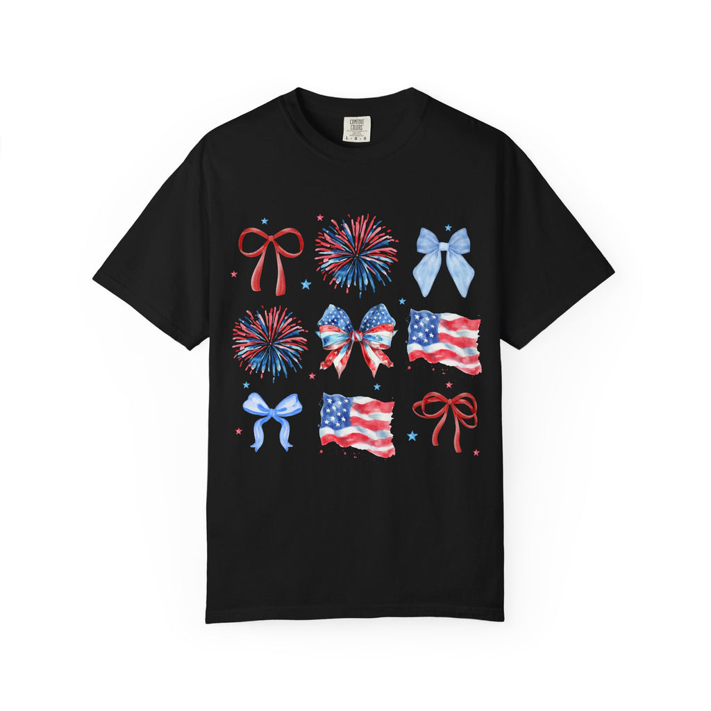 Patriotic Bows & Fireworks T-Shirt — American Flag Fourth of July Tee