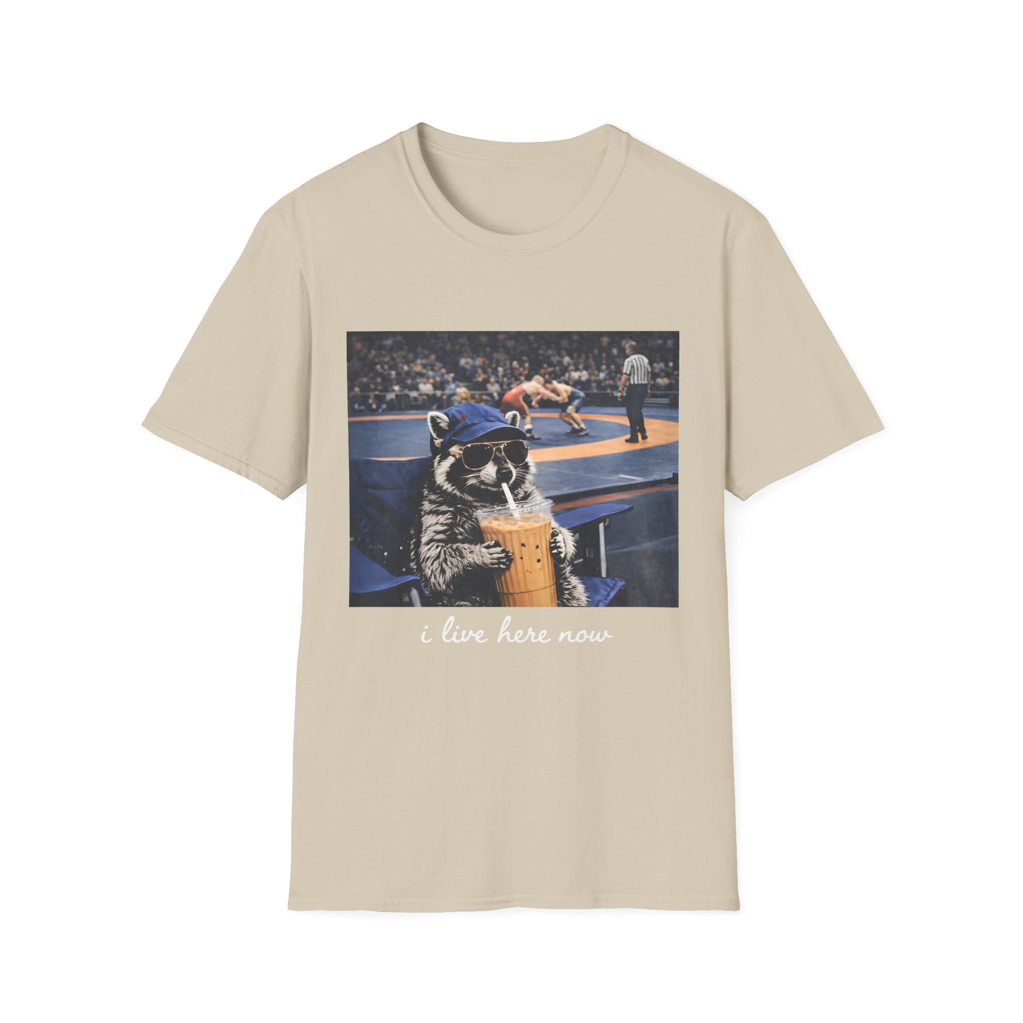 Wrestling Raccoon T‑Shirt — 'I Live Here Now' Funny Sports Tee
