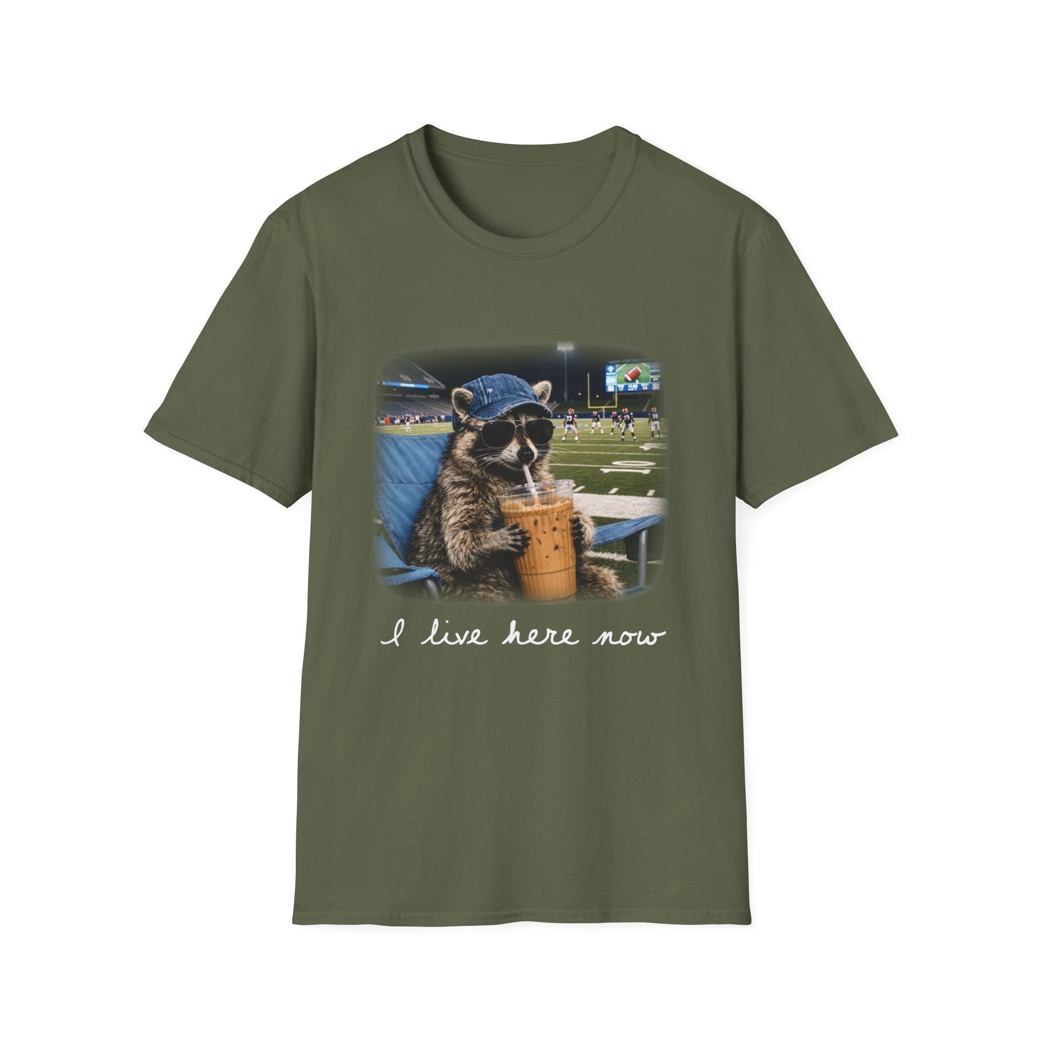 Raccoon Football Stadium Tee – "I Live Here Now" Graphic T-Shirt