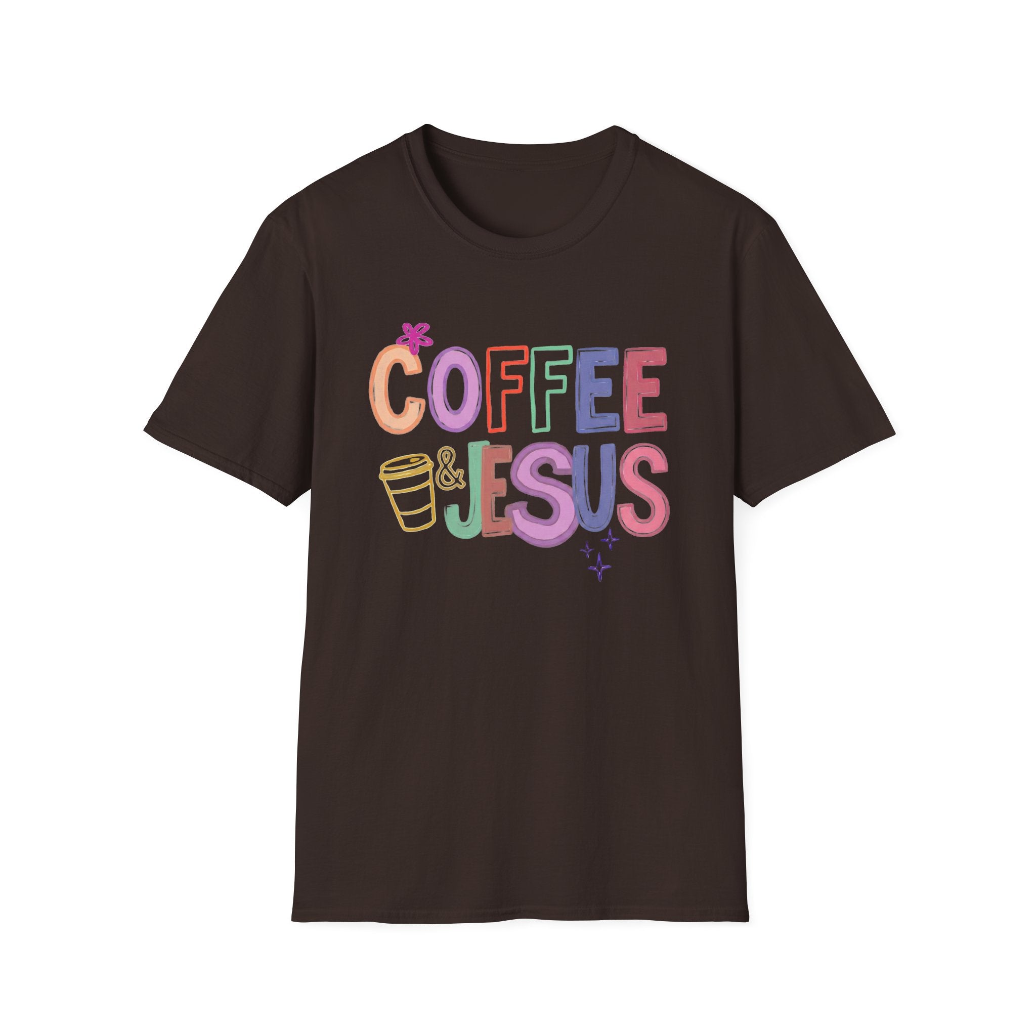 Coffee & Jesus T‑Shirt — Colorful Faith Graphic Tee for Women