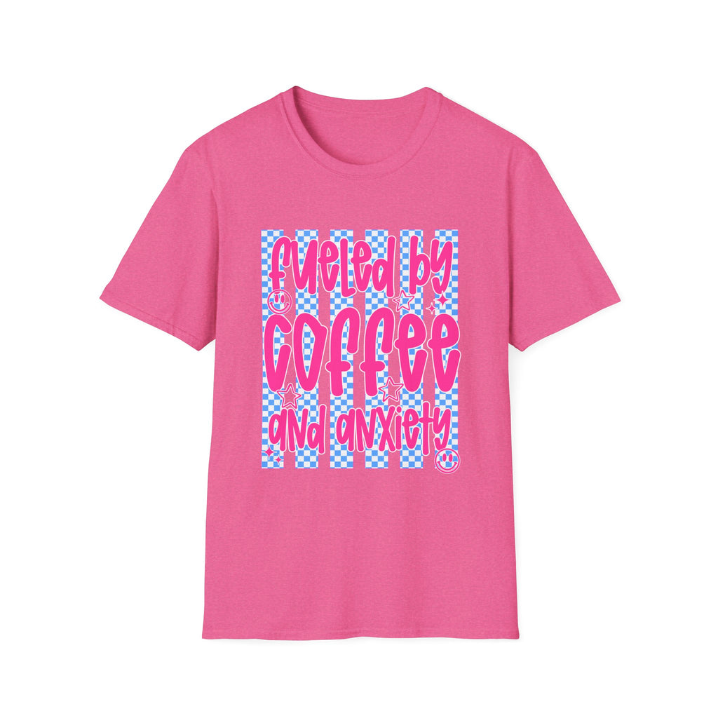Fueled By Coffee And Anxiety T-Shirt — Retro Pink & Blue Checker Graphic