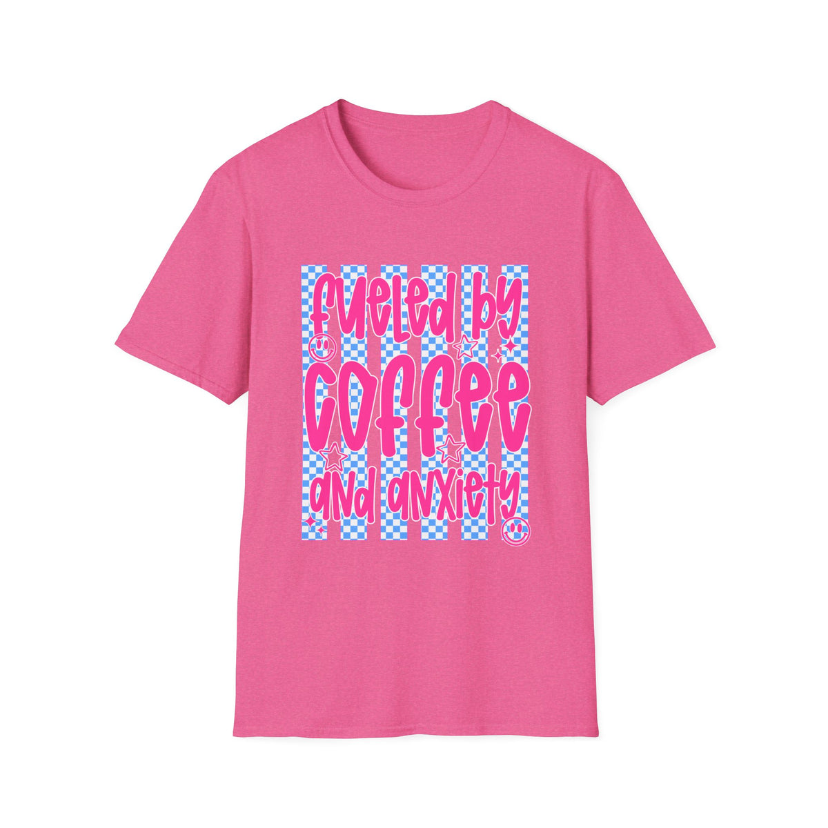 Fueled By Coffee And Anxiety T-Shirt — Retro Pink & Blue Checker Graphic