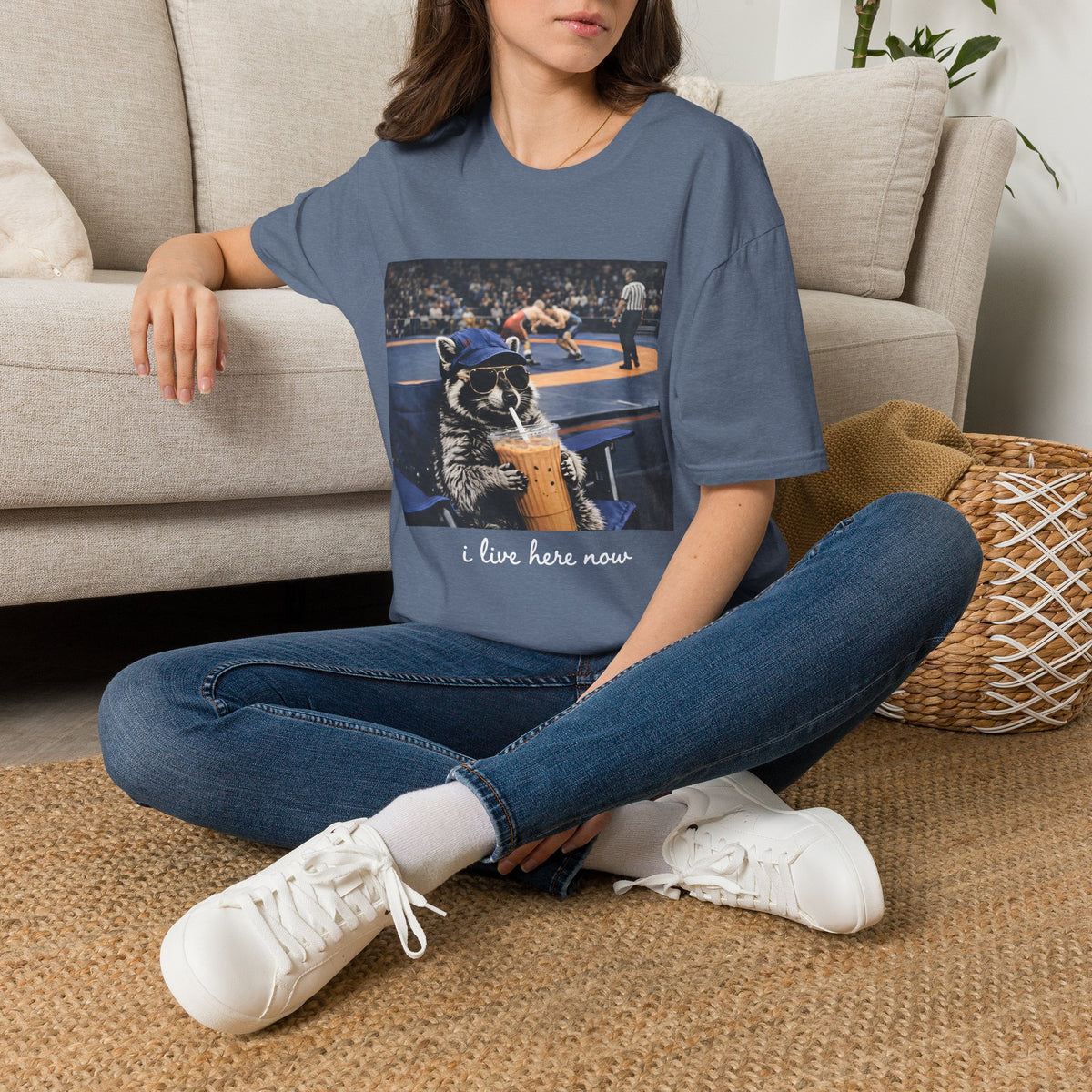 Wrestling Raccoon T‑Shirt — 'I Live Here Now' Funny Sports Tee