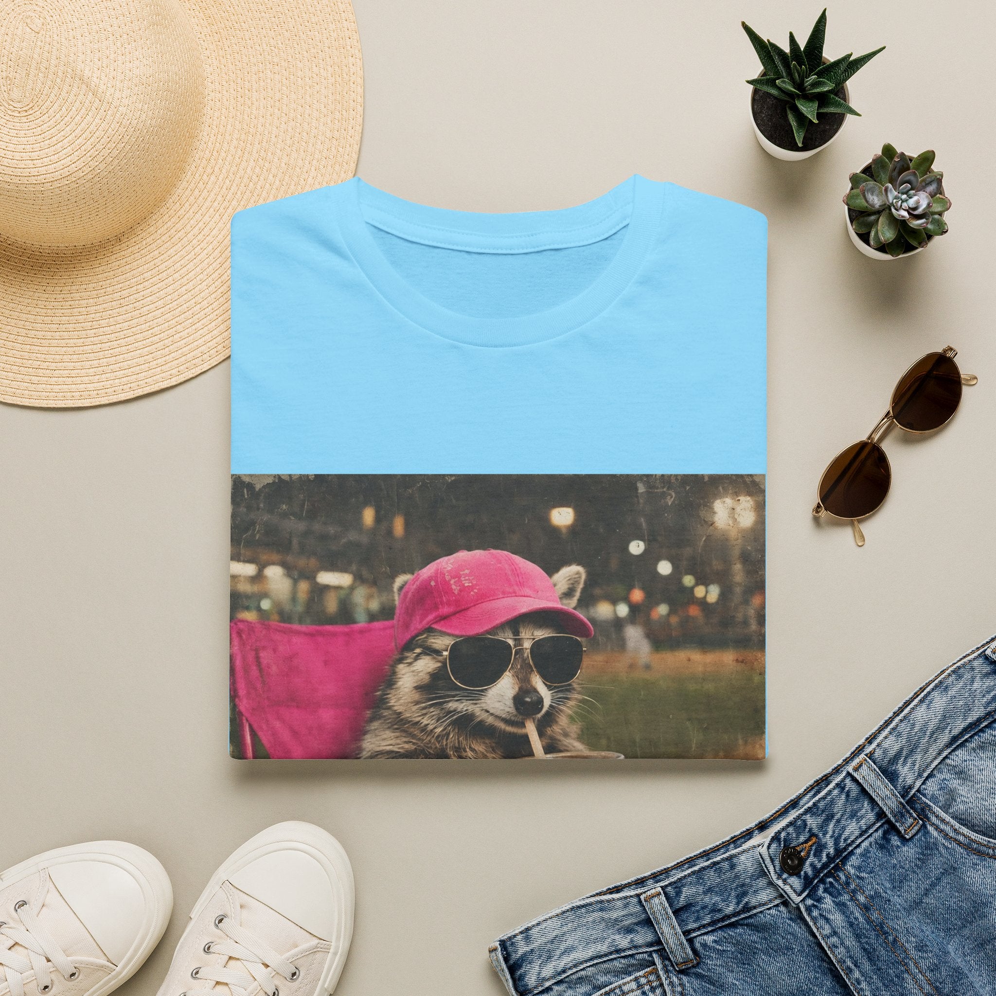 Raccoon Baseball/Softball Relaxing T-Shirt — 'Live Here Now' Retro Vacation Graphic Tee