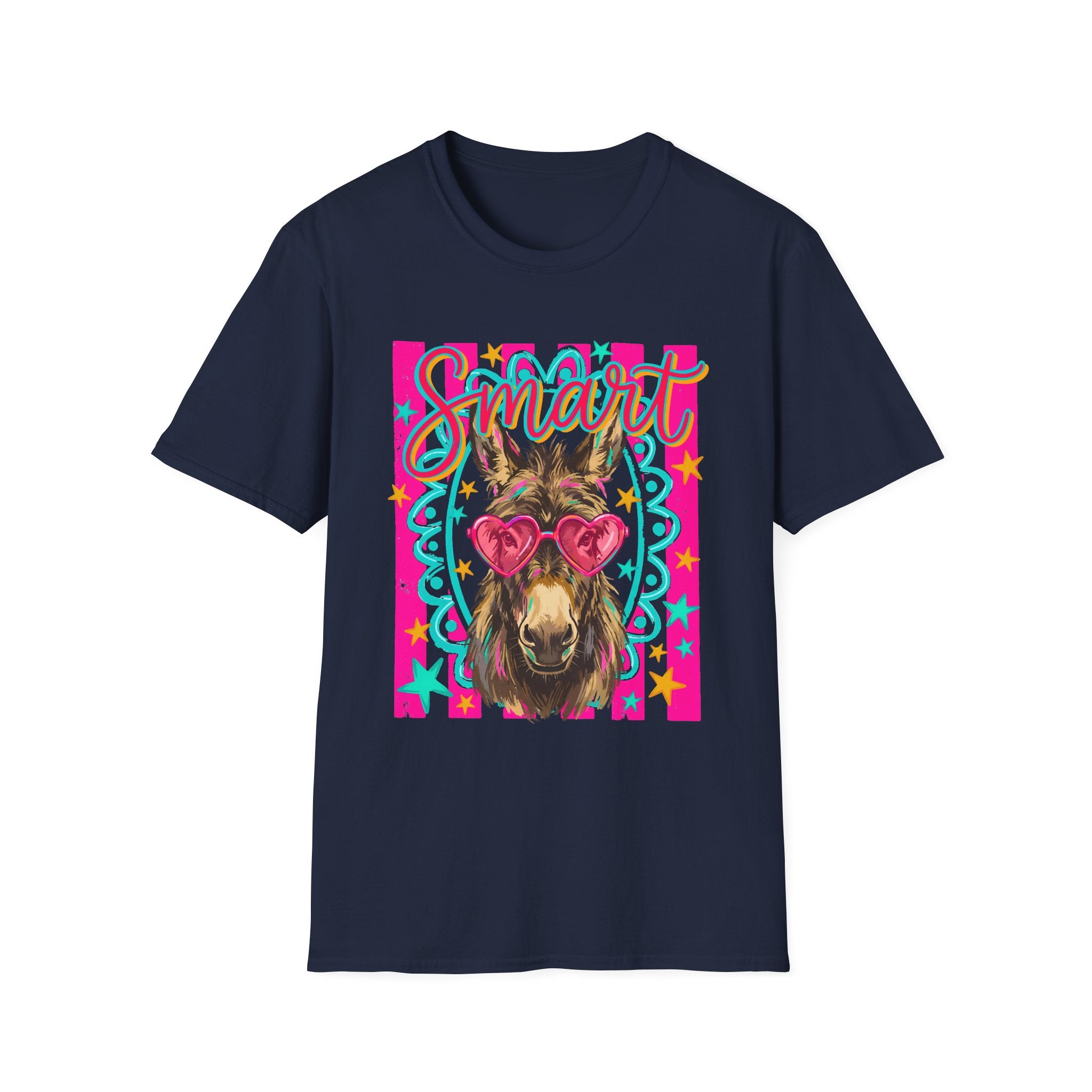 Smart Donkey T-Shirt — Colorful Heart-Sunglasses Graphic Tee for Animal Lovers