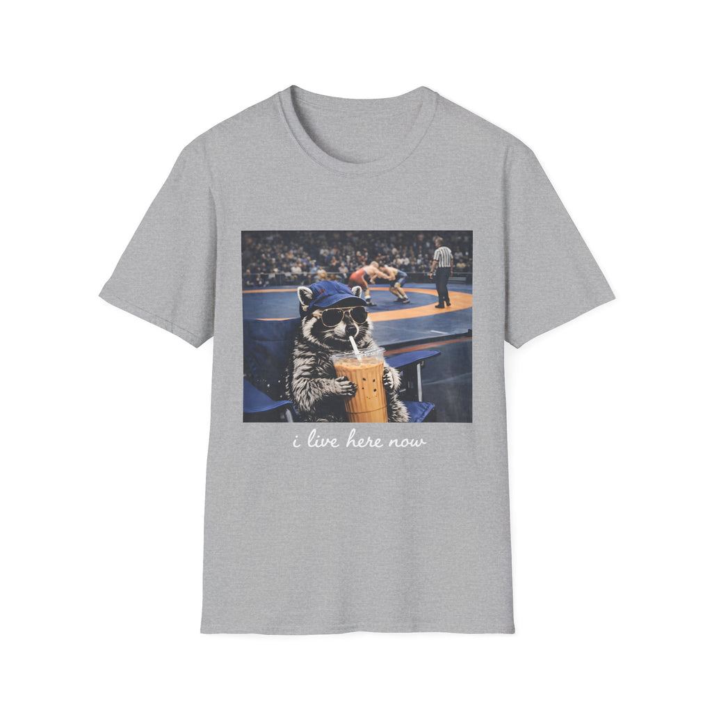 Wrestling Raccoon T‑Shirt — 'I Live Here Now' Funny Sports Tee