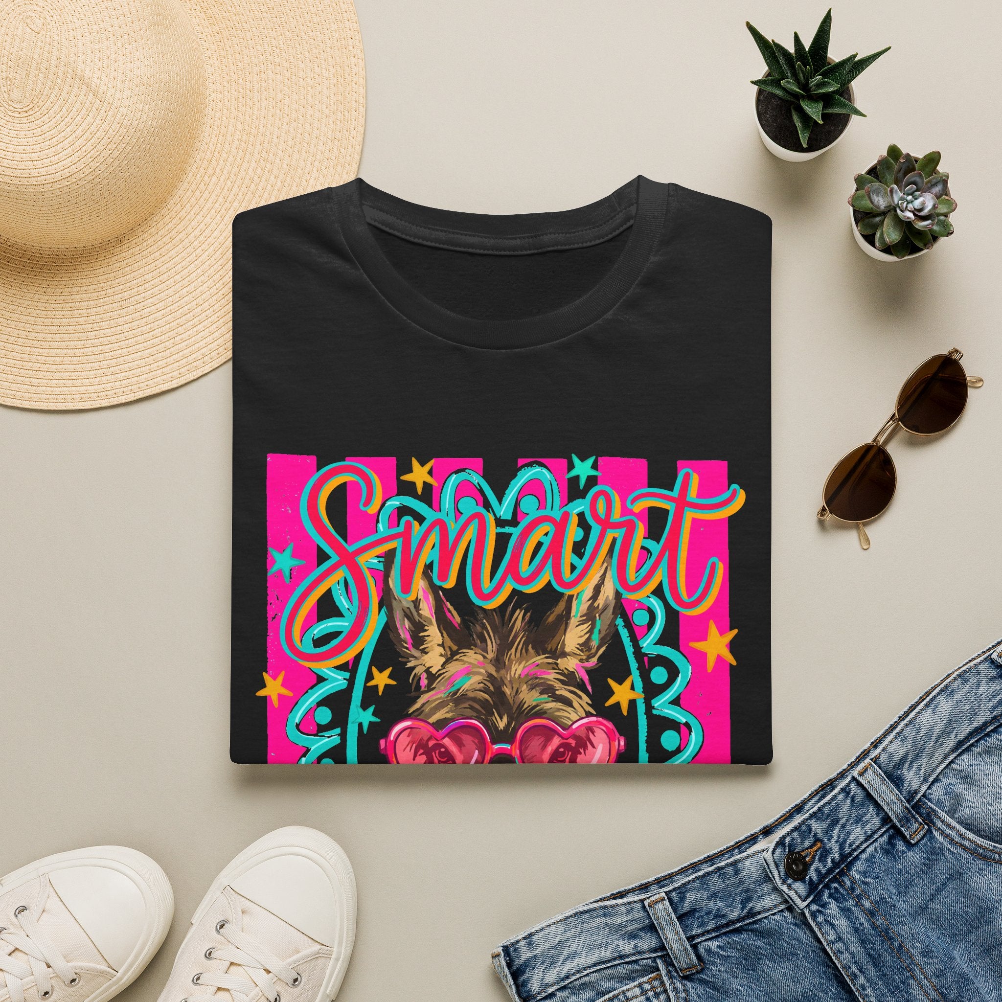 Smart Donkey T-Shirt — Colorful Heart-Sunglasses Graphic Tee for Animal Lovers