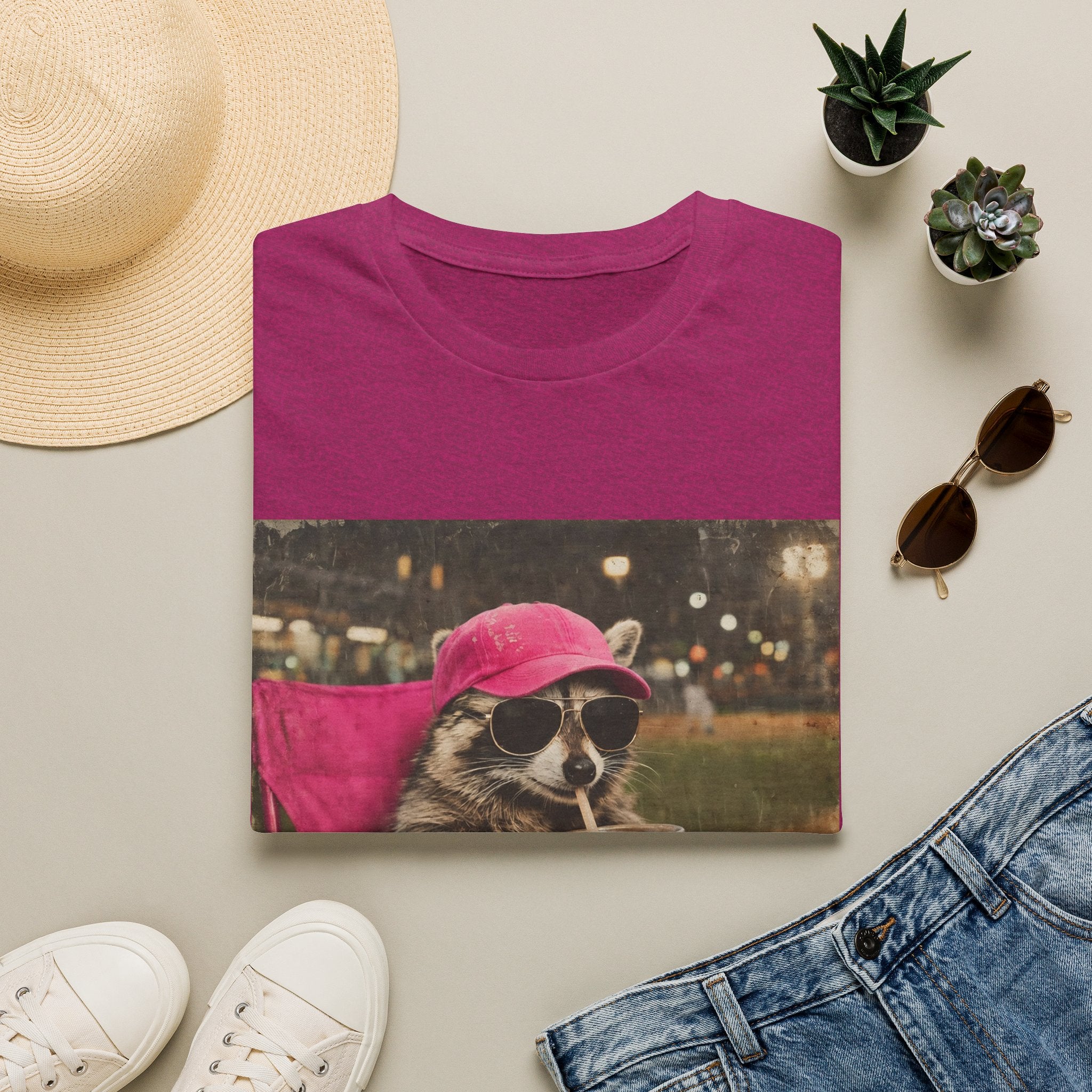 Raccoon Baseball/Softball Relaxing T-Shirt — 'Live Here Now' Retro Vacation Graphic Tee