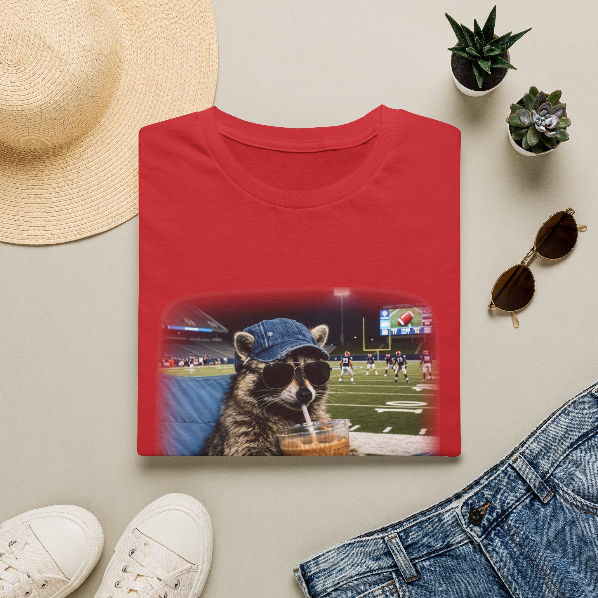 Raccoon Football Stadium Tee – "I Live Here Now" Graphic T-Shirt