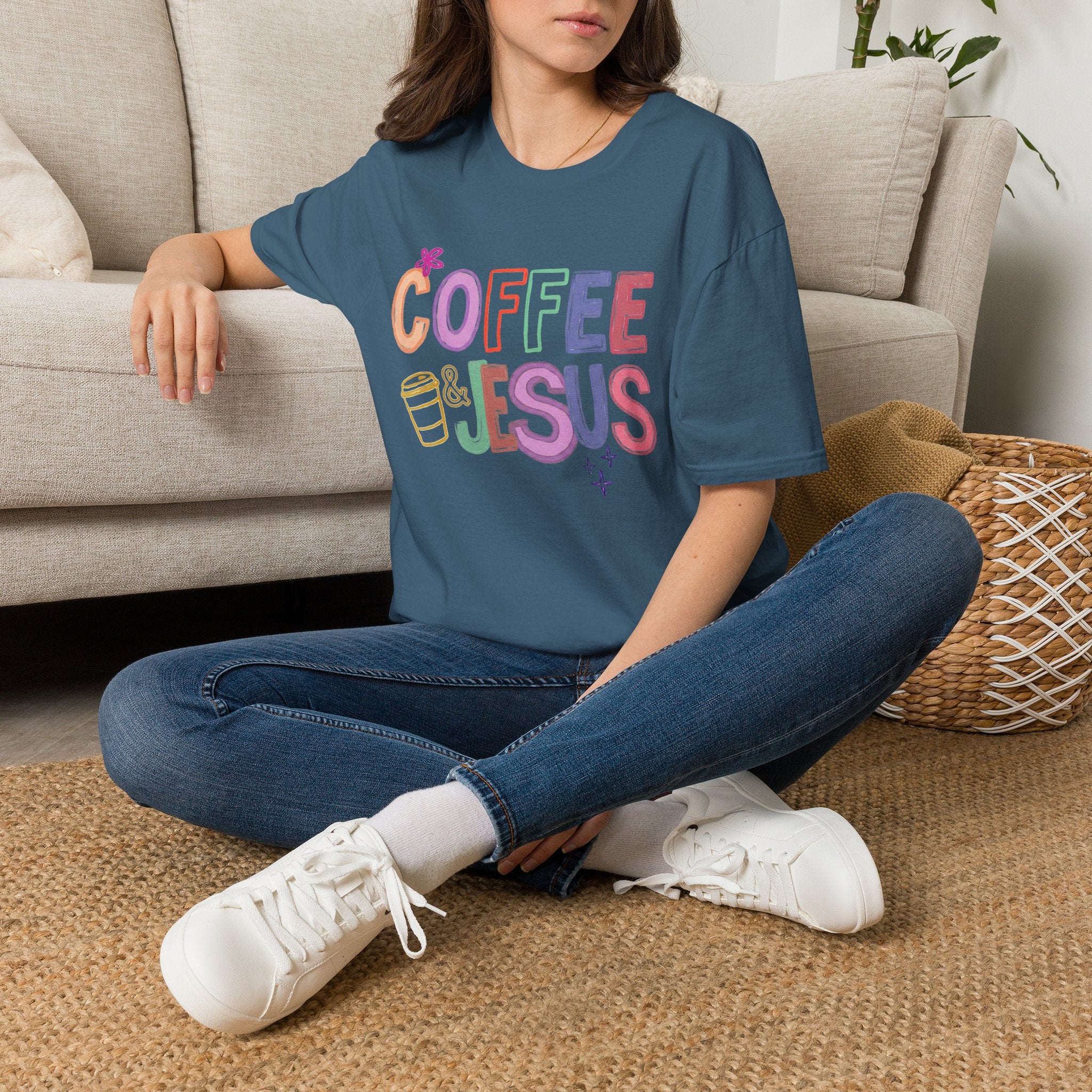 Coffee & Jesus T‑Shirt — Colorful Faith Graphic Tee for Women