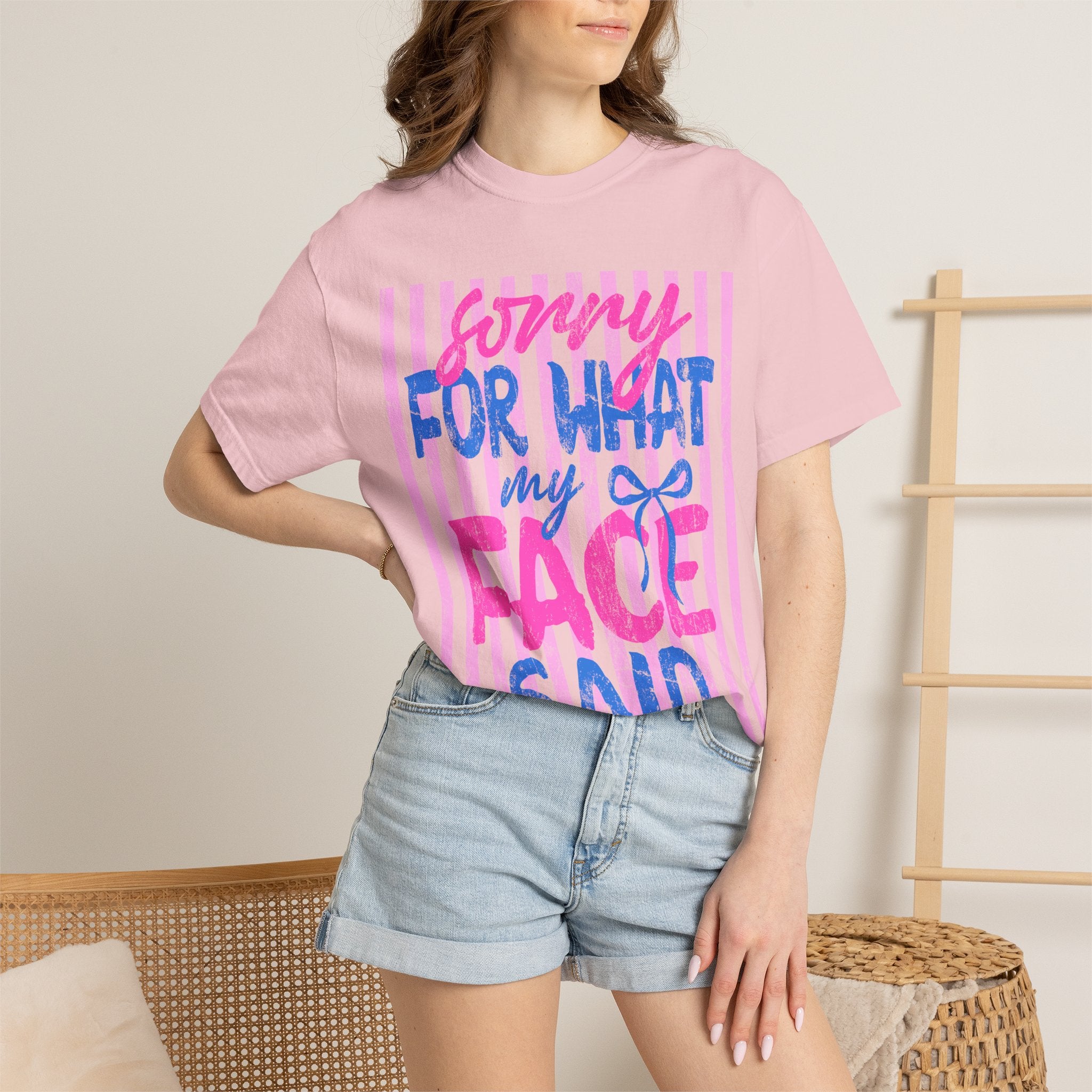 T-Shirt — "Sorry For What My Face Said" Graphic Tee (Pink & Blue Stripes)