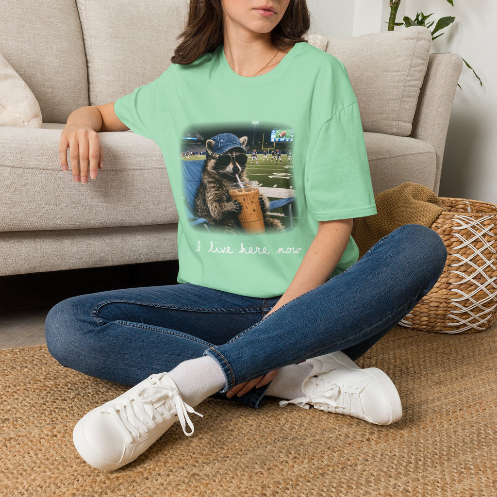Raccoon Football Stadium Tee – "I Live Here Now" Graphic T-Shirt