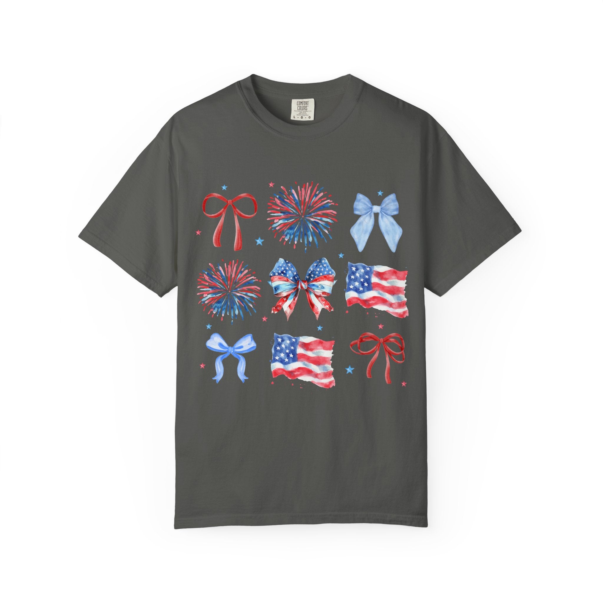 Patriotic Bows & Fireworks T-Shirt — American Flag Fourth of July Tee