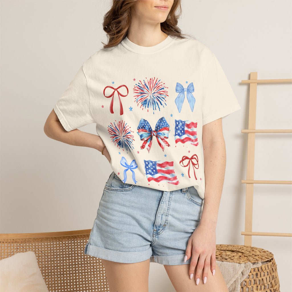 Patriotic Bows & Fireworks T-Shirt — American Flag Fourth of July Tee