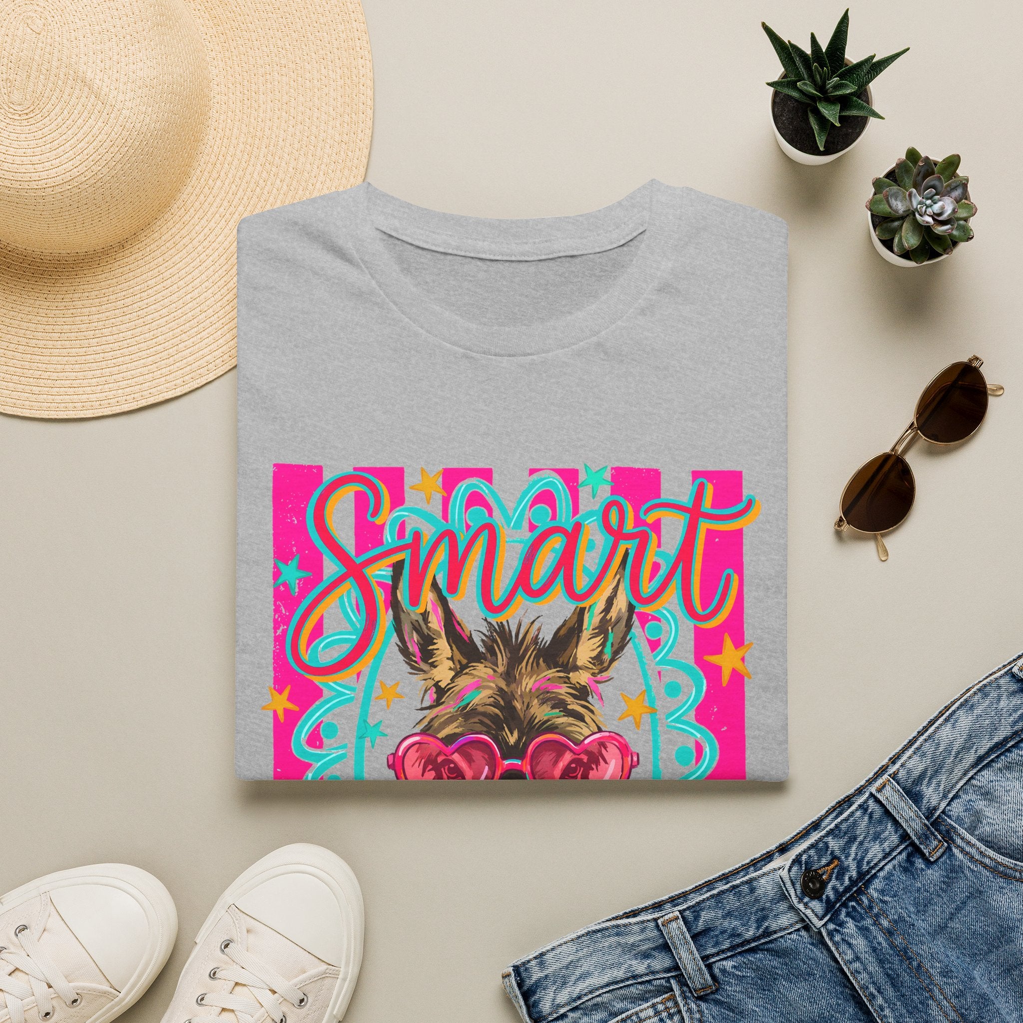Smart Donkey T-Shirt — Colorful Heart-Sunglasses Graphic Tee for Animal Lovers