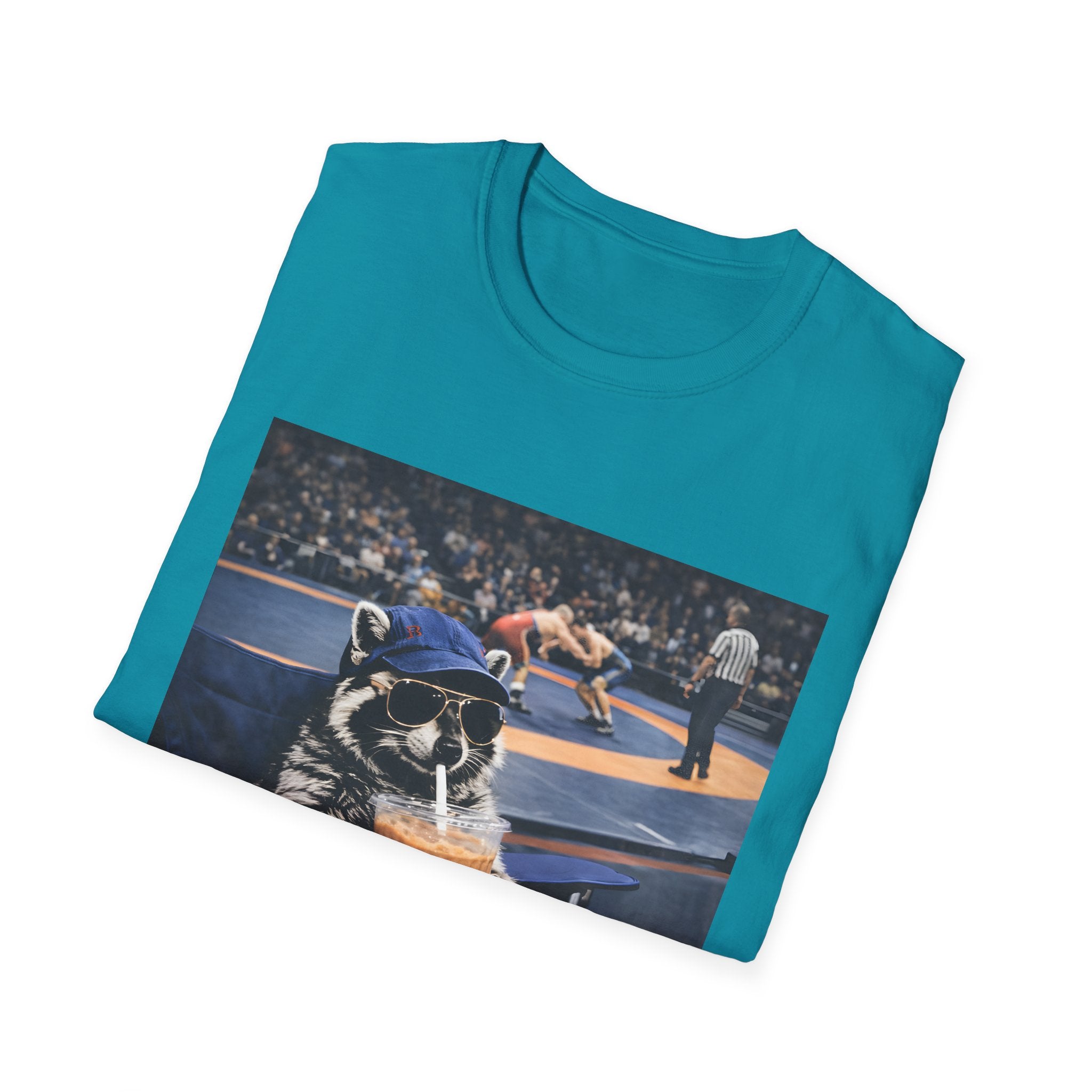 Wrestling Raccoon T‑Shirt — 'I Live Here Now' Funny Sports Tee