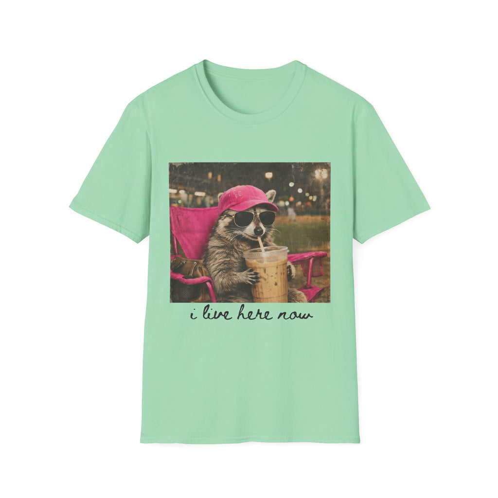 Raccoon Baseball/Softball Relaxing T-Shirt — 'Live Here Now' Retro Vacation Graphic Tee