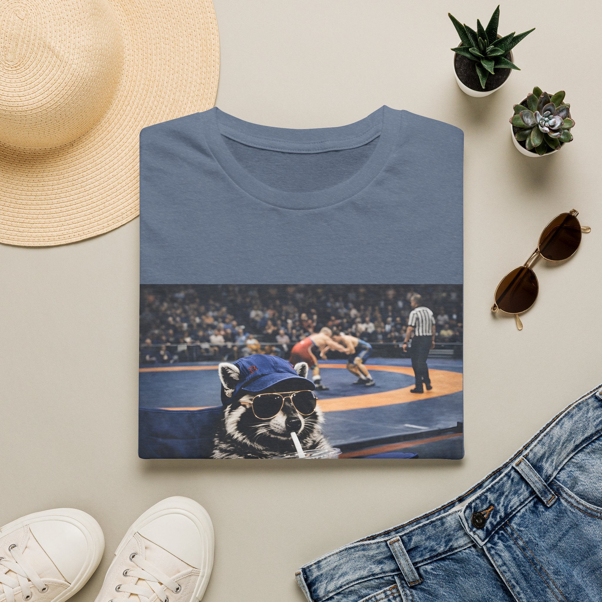 Wrestling Raccoon T‑Shirt — 'I Live Here Now' Funny Sports Tee
