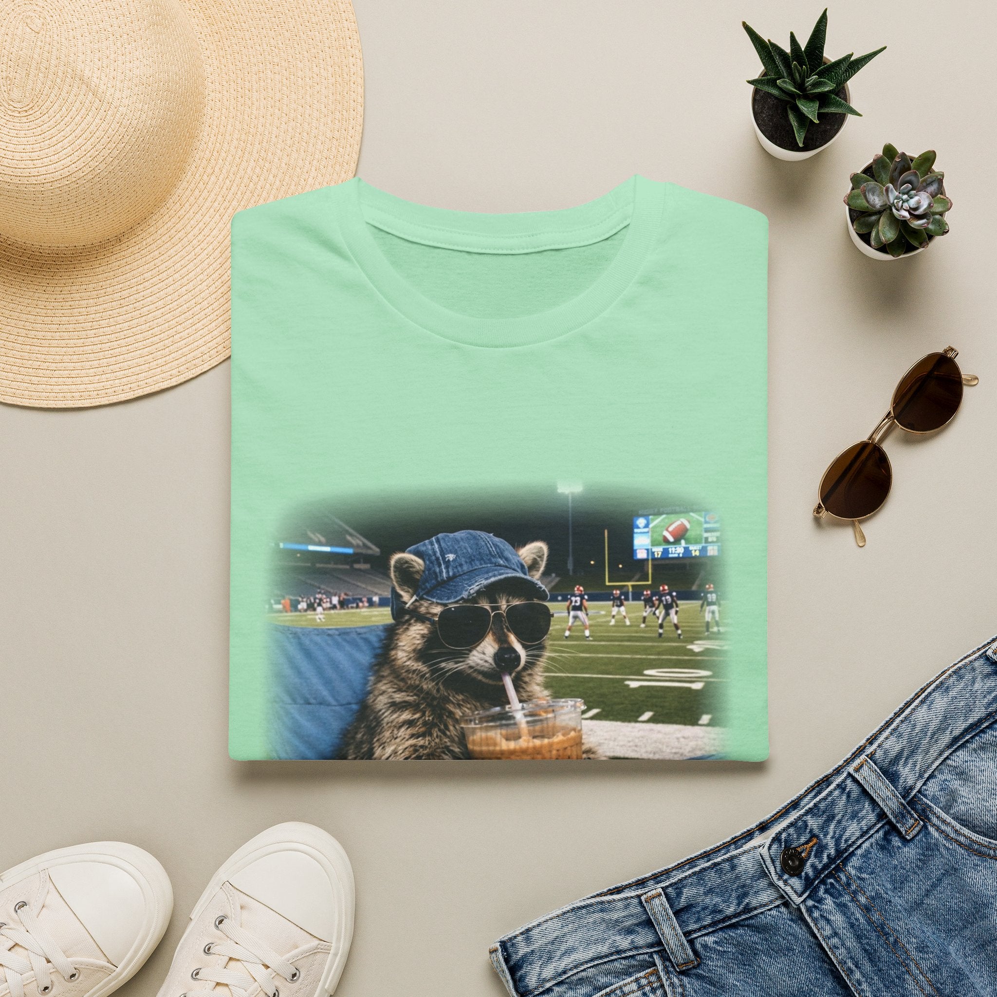 Raccoon Football Stadium Tee – "I Live Here Now" Graphic T-Shirt