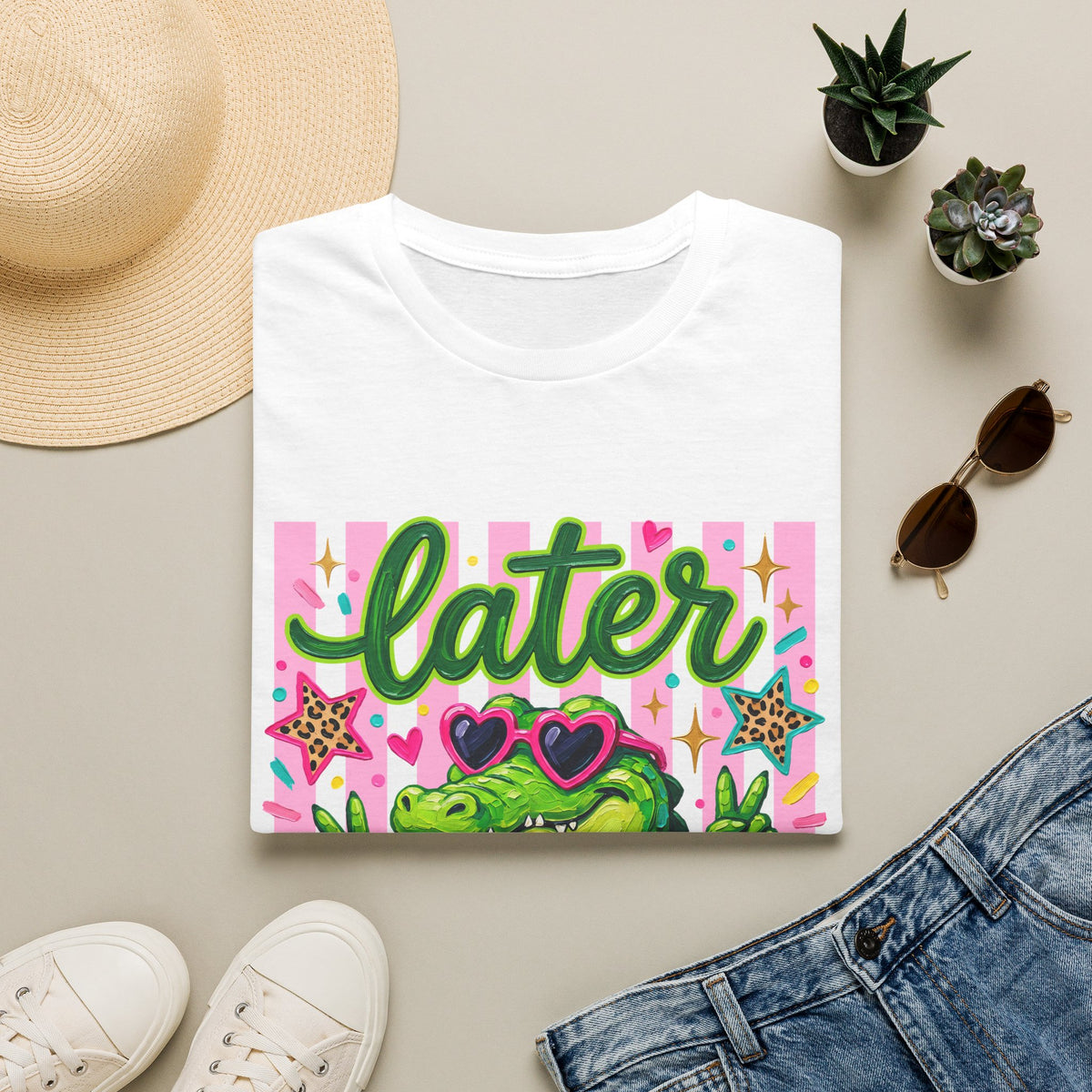 Later Alligator T-Shirt — Cute Retro Croc Graphic Tee with Heart Sunglasses
