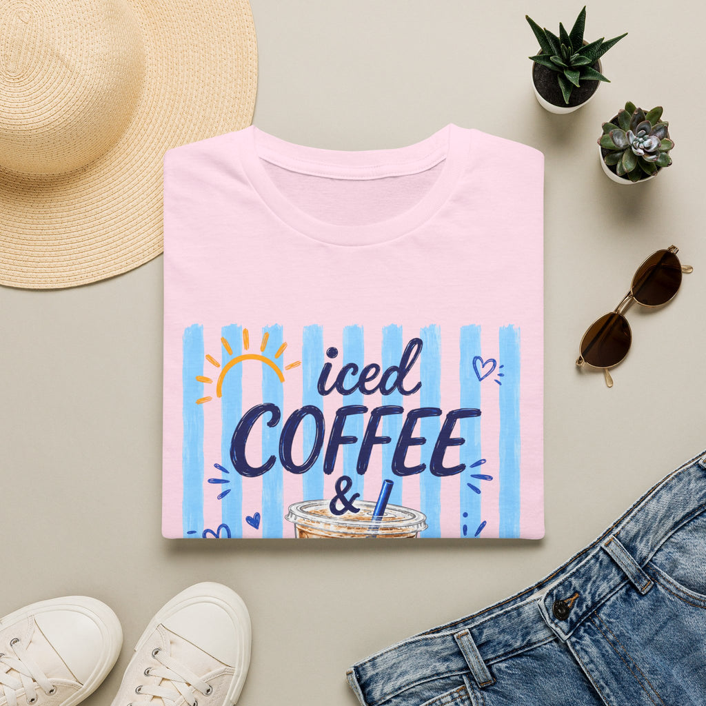 Iced Coffee & Sunshine T-Shirt — Cute Blue Striped Summer Tee