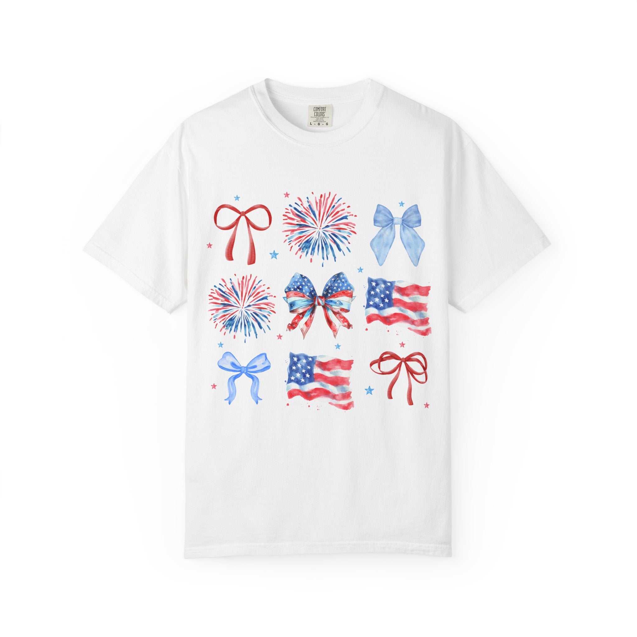 Patriotic Bows & Fireworks T-Shirt — American Flag Fourth of July Tee