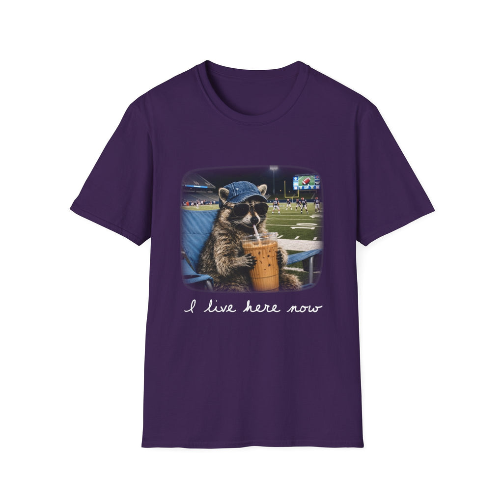Raccoon Football Stadium Tee – "I Live Here Now" Graphic T-Shirt