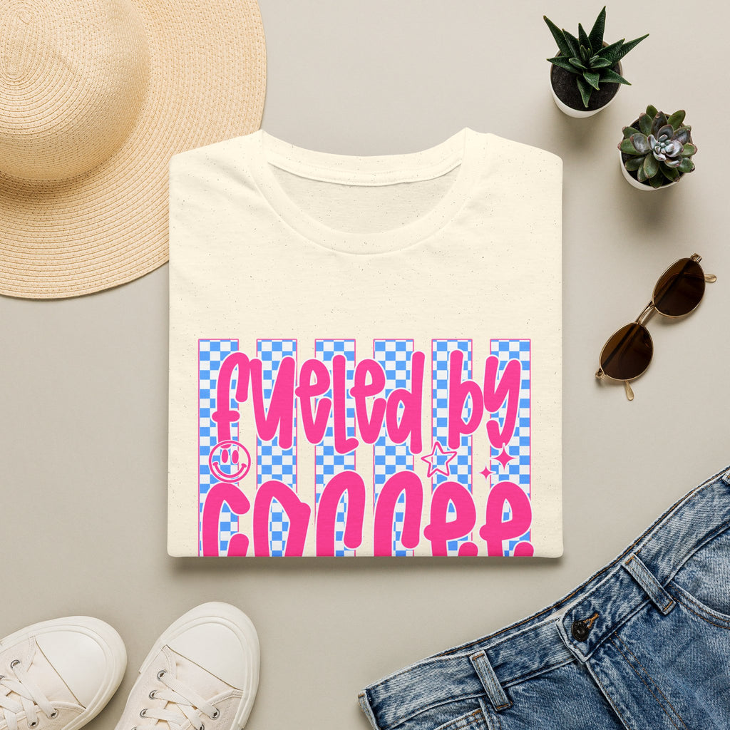 Fueled By Coffee And Anxiety T-Shirt — Retro Pink & Blue Checker Graphic