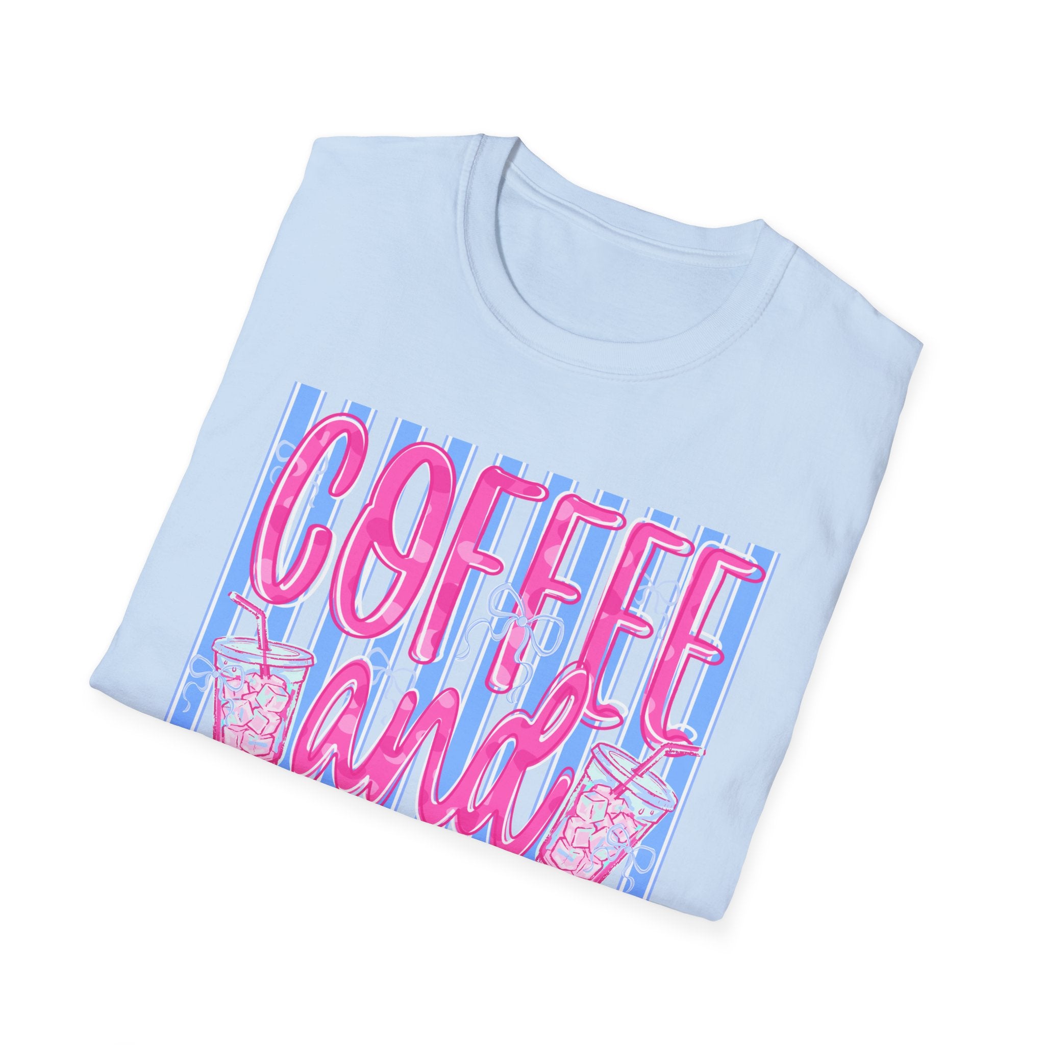 Coffee and Jesus T‑Shirt — Retro Pink & Blue Faith Graphic Tee