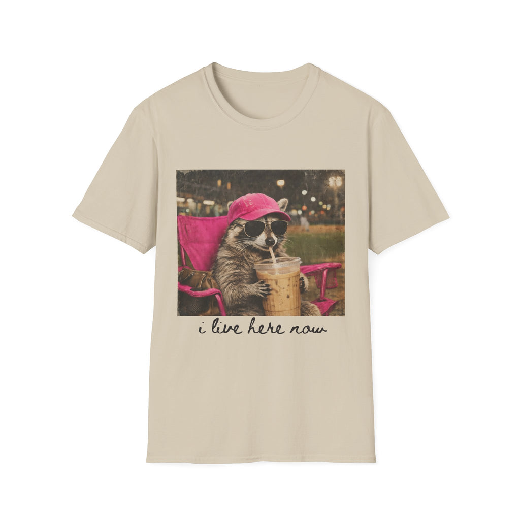 Raccoon Baseball/Softball Relaxing T-Shirt — 'Live Here Now' Retro Vacation Graphic Tee