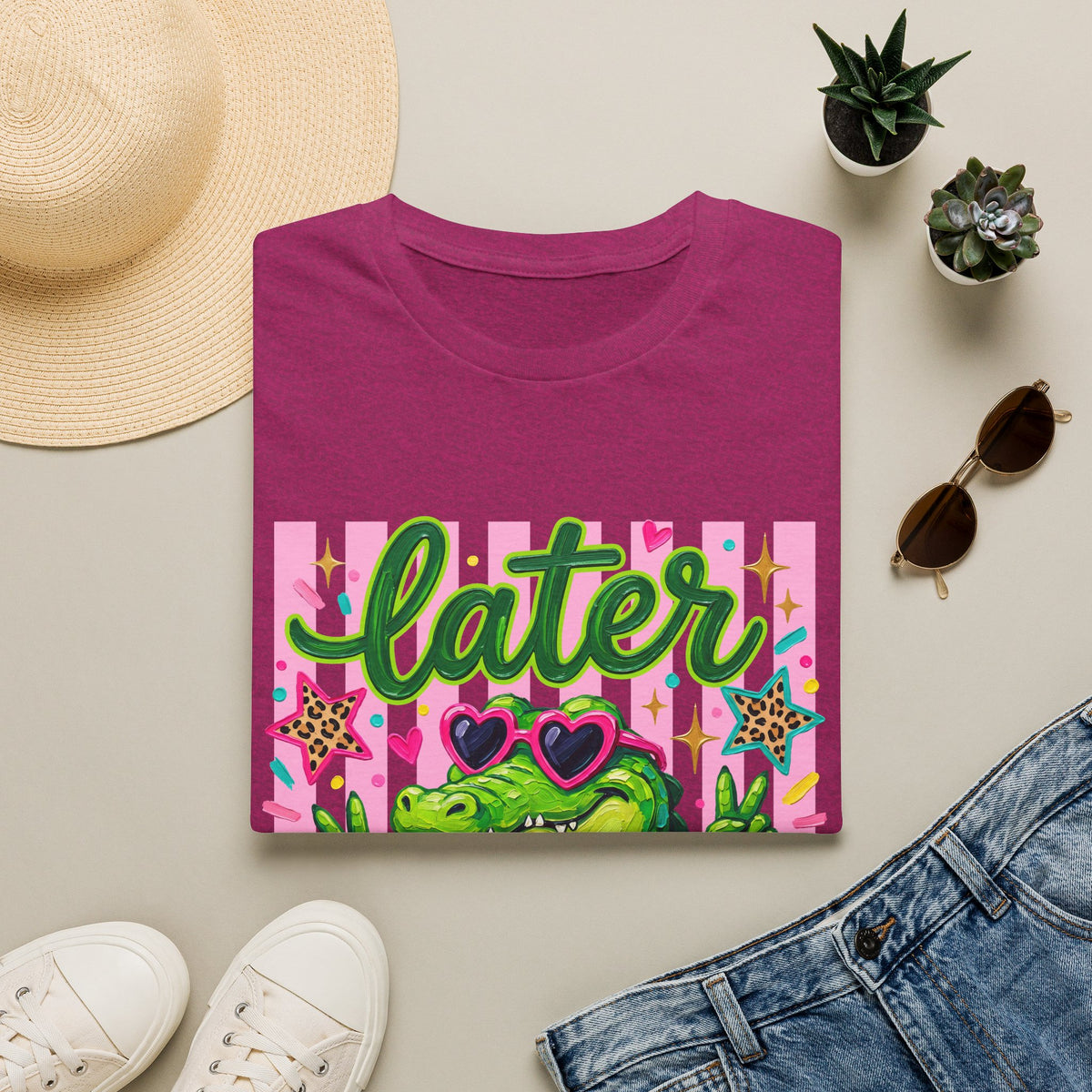 Later Alligator T-Shirt — Cute Retro Croc Graphic Tee with Heart Sunglasses