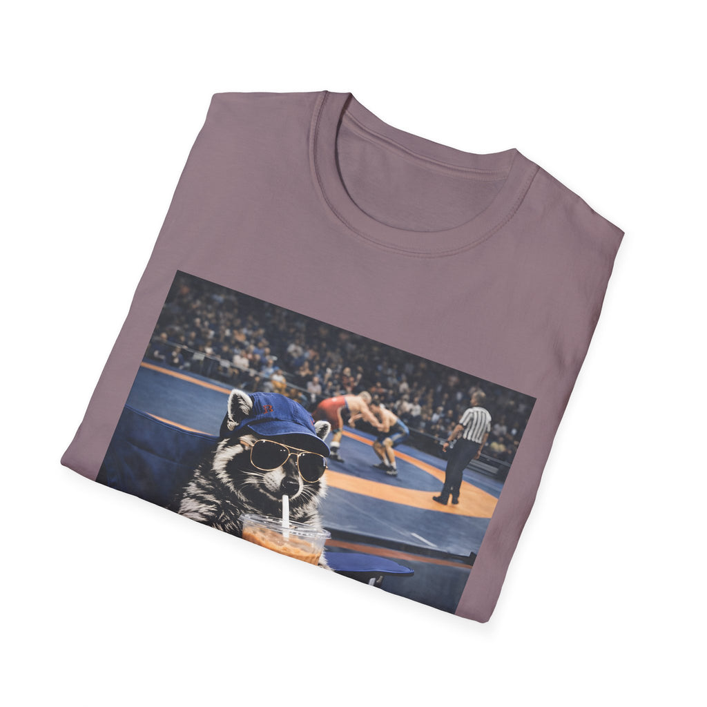 Wrestling Raccoon T‑Shirt — 'I Live Here Now' Funny Sports Tee