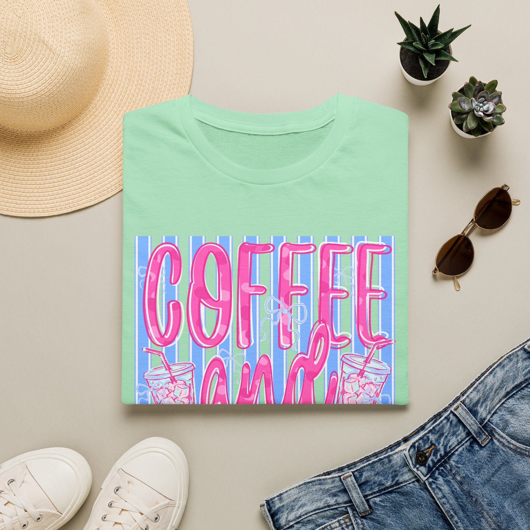 Coffee and Jesus T‑Shirt — Retro Pink & Blue Faith Graphic Tee