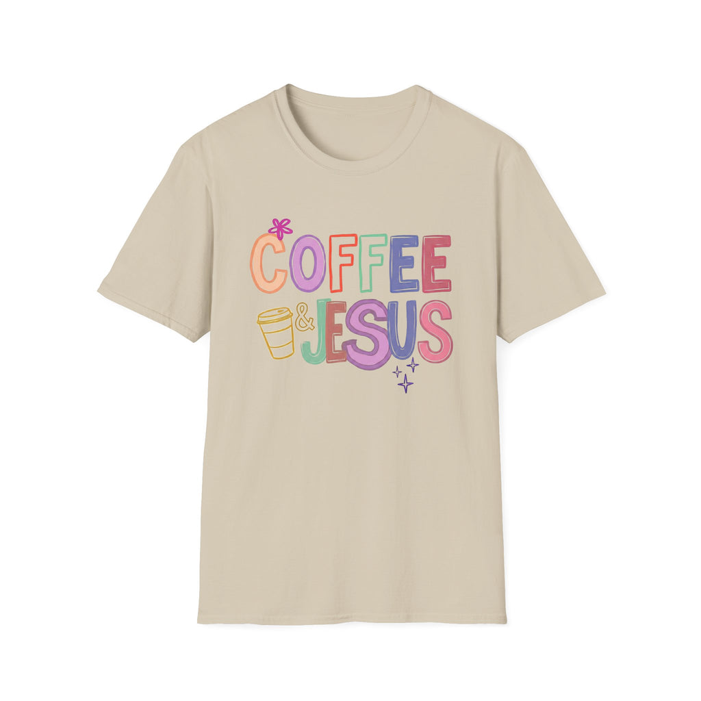 Coffee & Jesus T‑Shirt — Colorful Faith Graphic Tee for Women