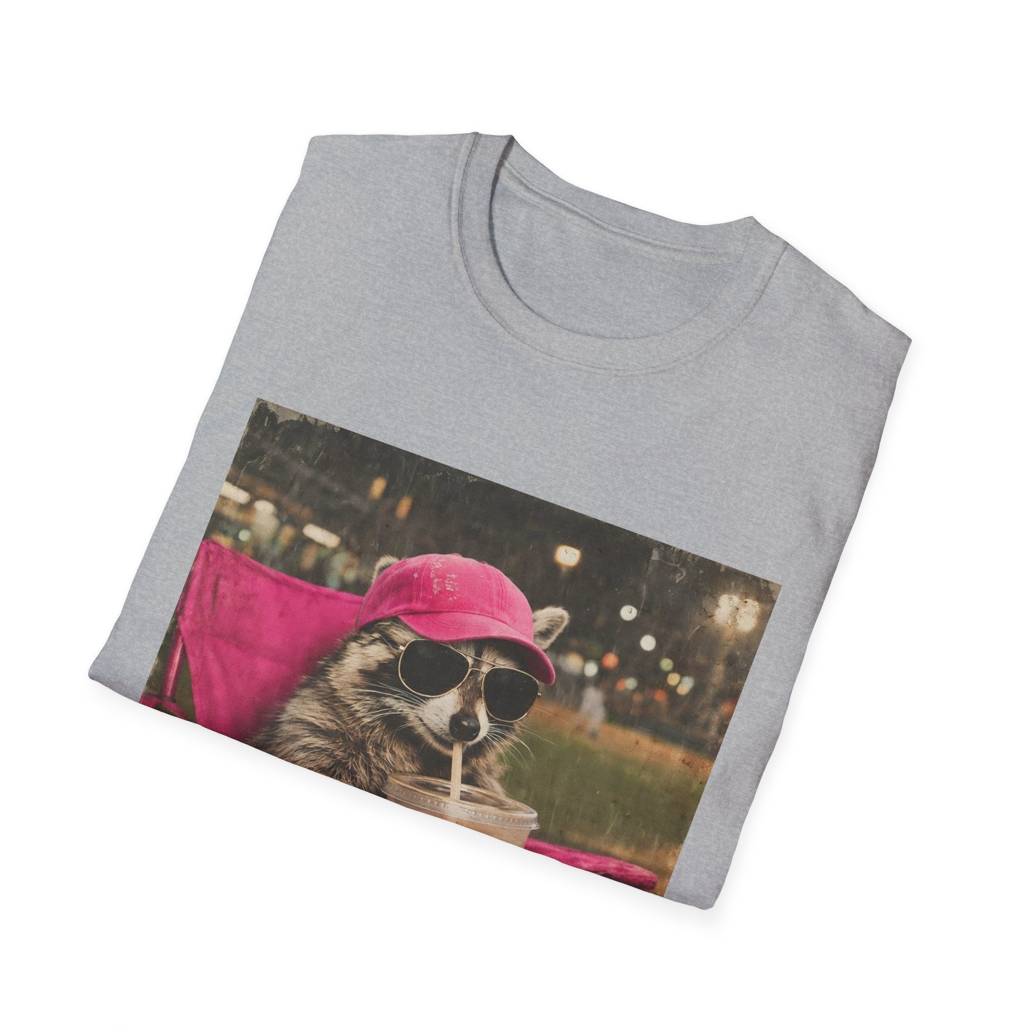 Raccoon Baseball/Softball Relaxing T-Shirt — 'Live Here Now' Retro Vacation Graphic Tee