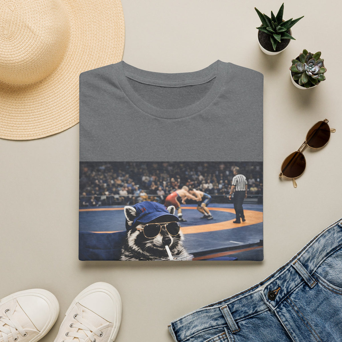 Wrestling Raccoon T‑Shirt — 'I Live Here Now' Funny Sports Tee