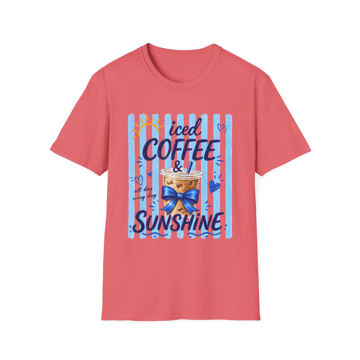 Iced Coffee & Sunshine T-Shirt — Cute Blue Striped Summer Tee