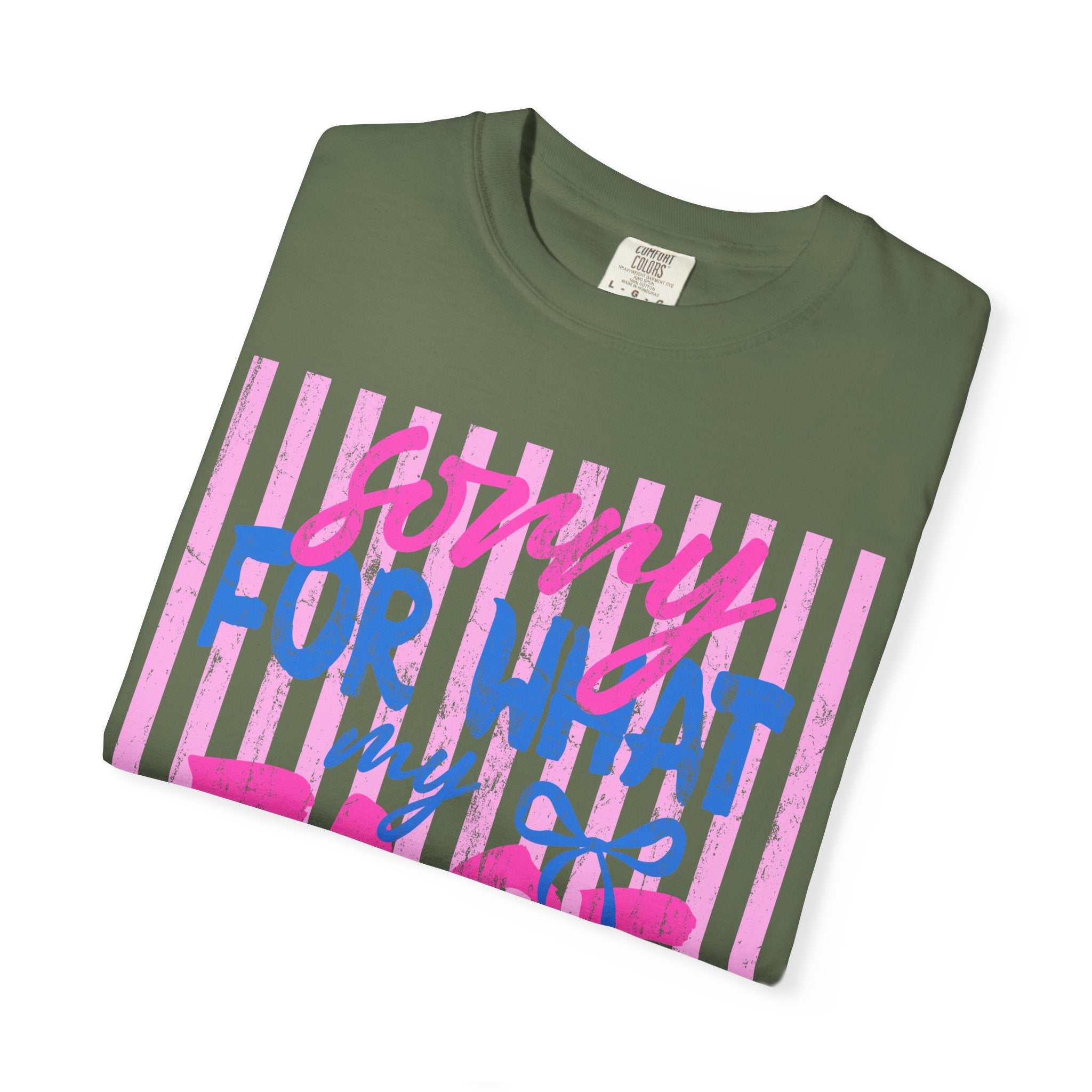 T-Shirt — "Sorry For What My Face Said" Graphic Tee (Pink & Blue Stripes)