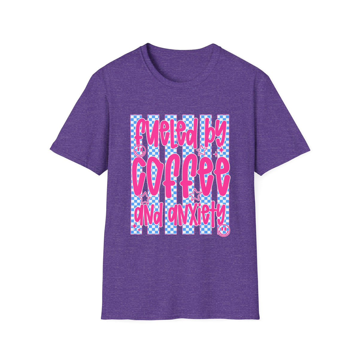 Fueled By Coffee And Anxiety T-Shirt — Retro Pink & Blue Checker Graphic