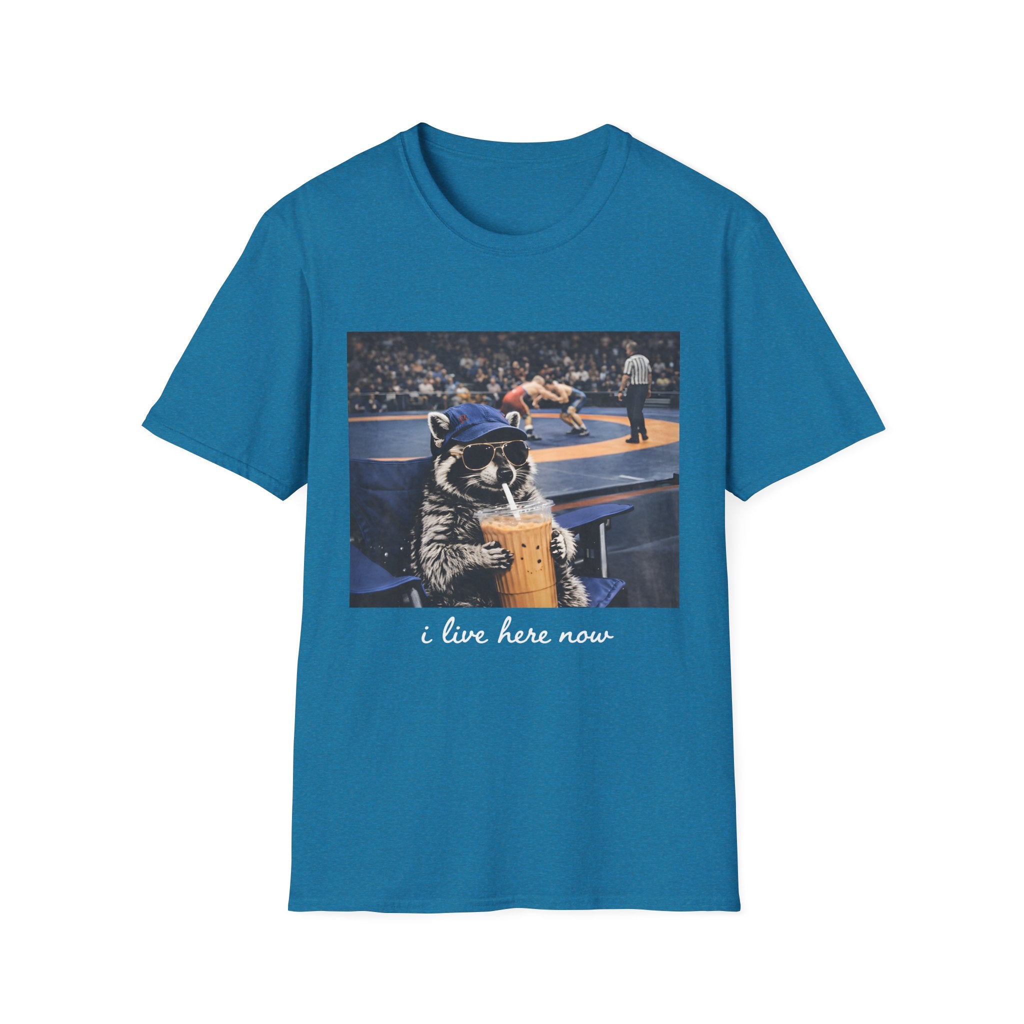 Wrestling Raccoon T‑Shirt — 'I Live Here Now' Funny Sports Tee