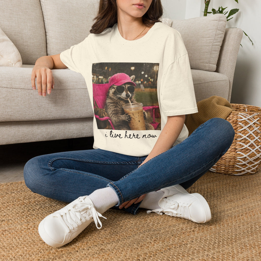 Raccoon Baseball/Softball Relaxing T-Shirt — 'Live Here Now' Retro Vacation Graphic Tee