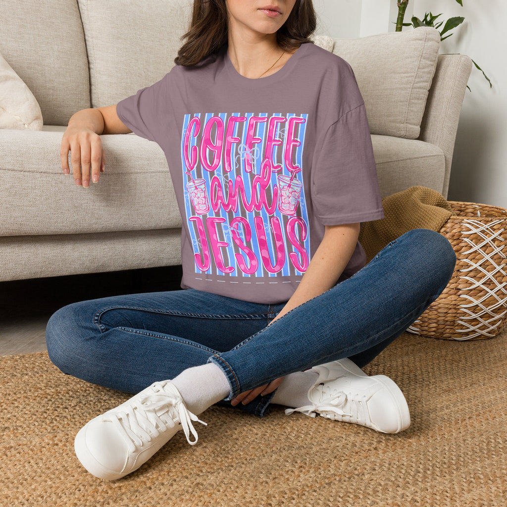 Coffee and Jesus T‑Shirt — Retro Pink & Blue Faith Graphic Tee