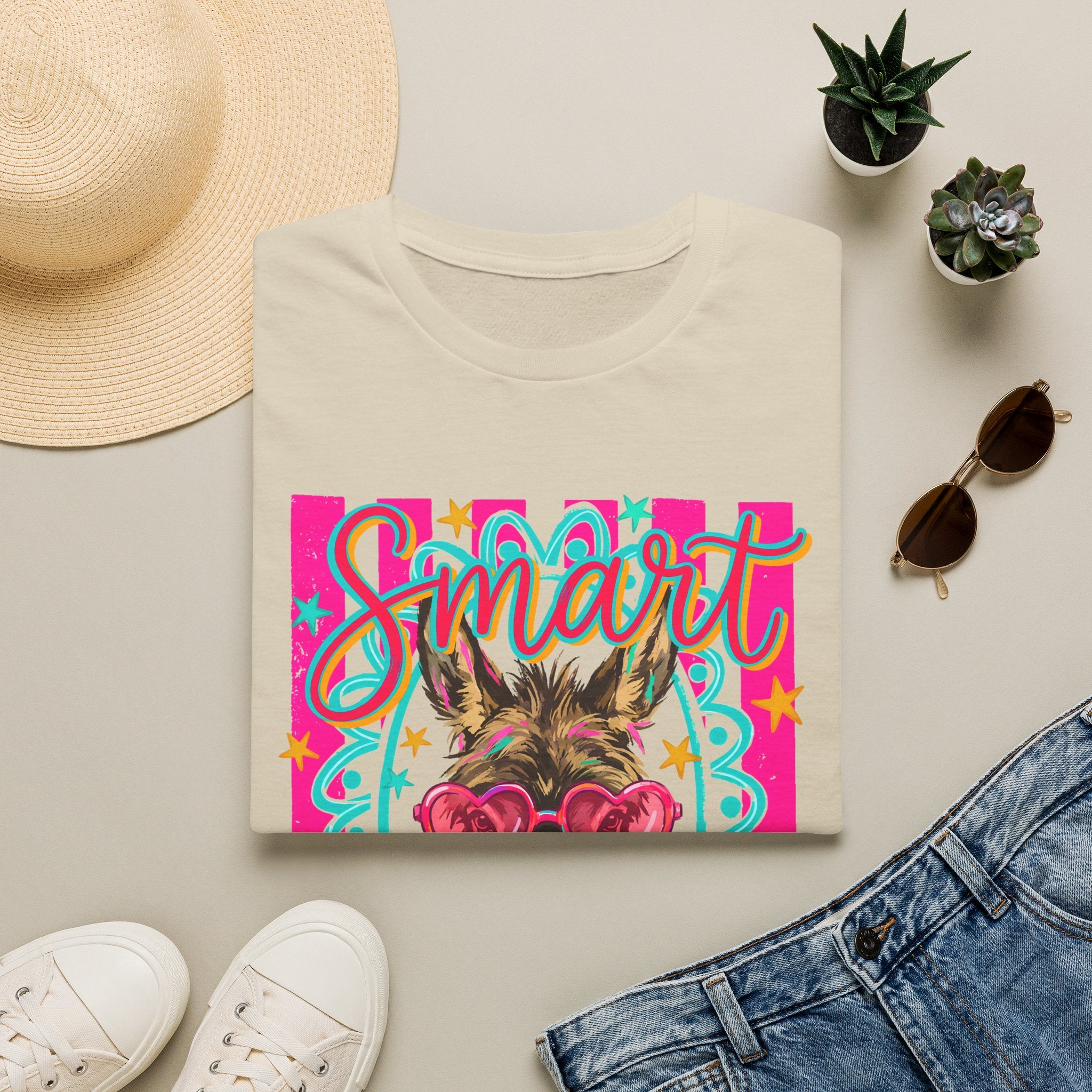 Smart Donkey T-Shirt — Colorful Heart-Sunglasses Graphic Tee for Animal Lovers