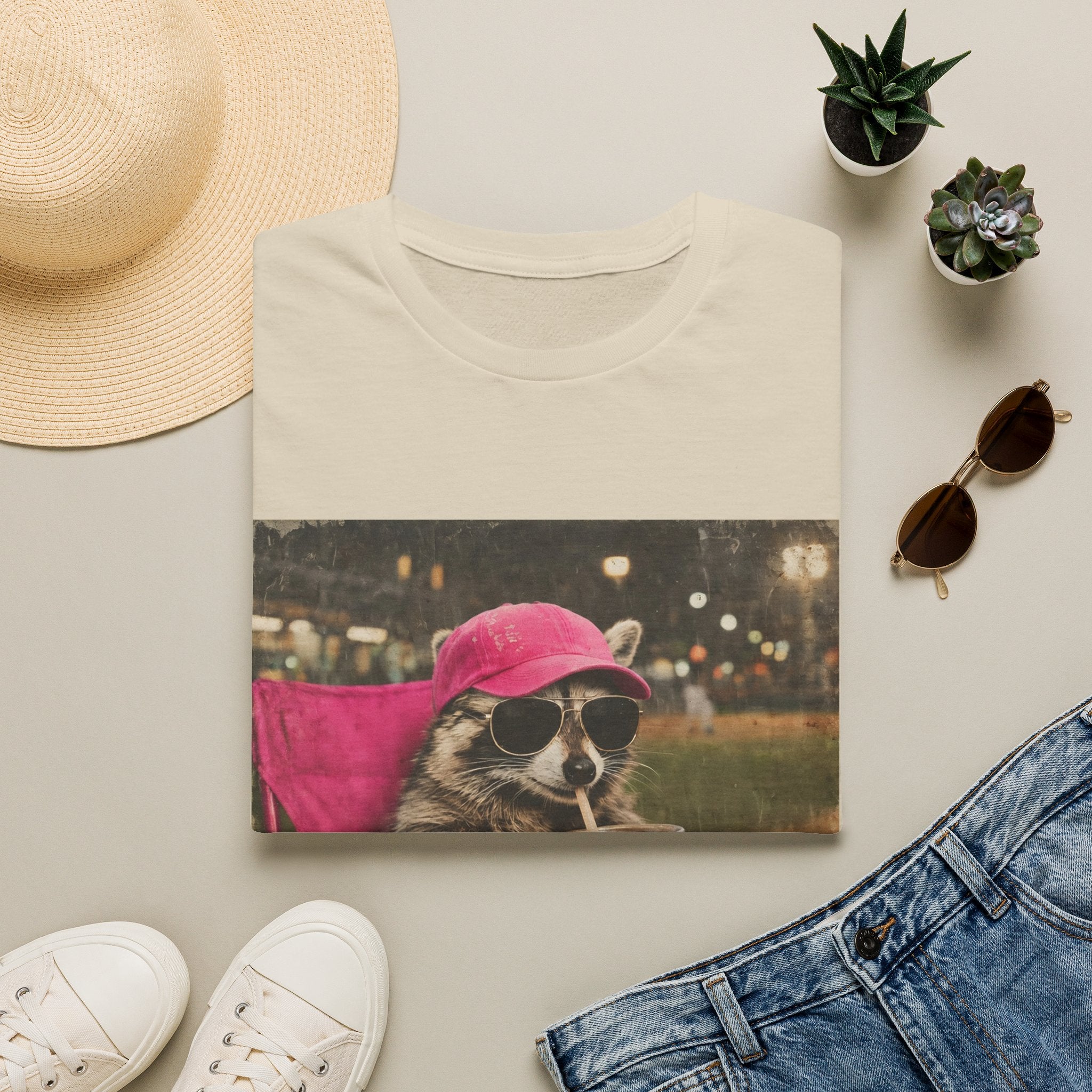 Raccoon Baseball/Softball Relaxing T-Shirt — 'Live Here Now' Retro Vacation Graphic Tee