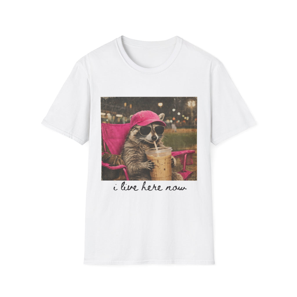 Raccoon Baseball/Softball Relaxing T-Shirt — 'Live Here Now' Retro Vacation Graphic Tee