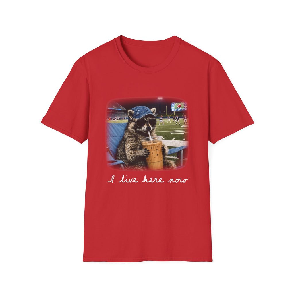 Raccoon Football Stadium Tee – "I Live Here Now" Graphic T-Shirt