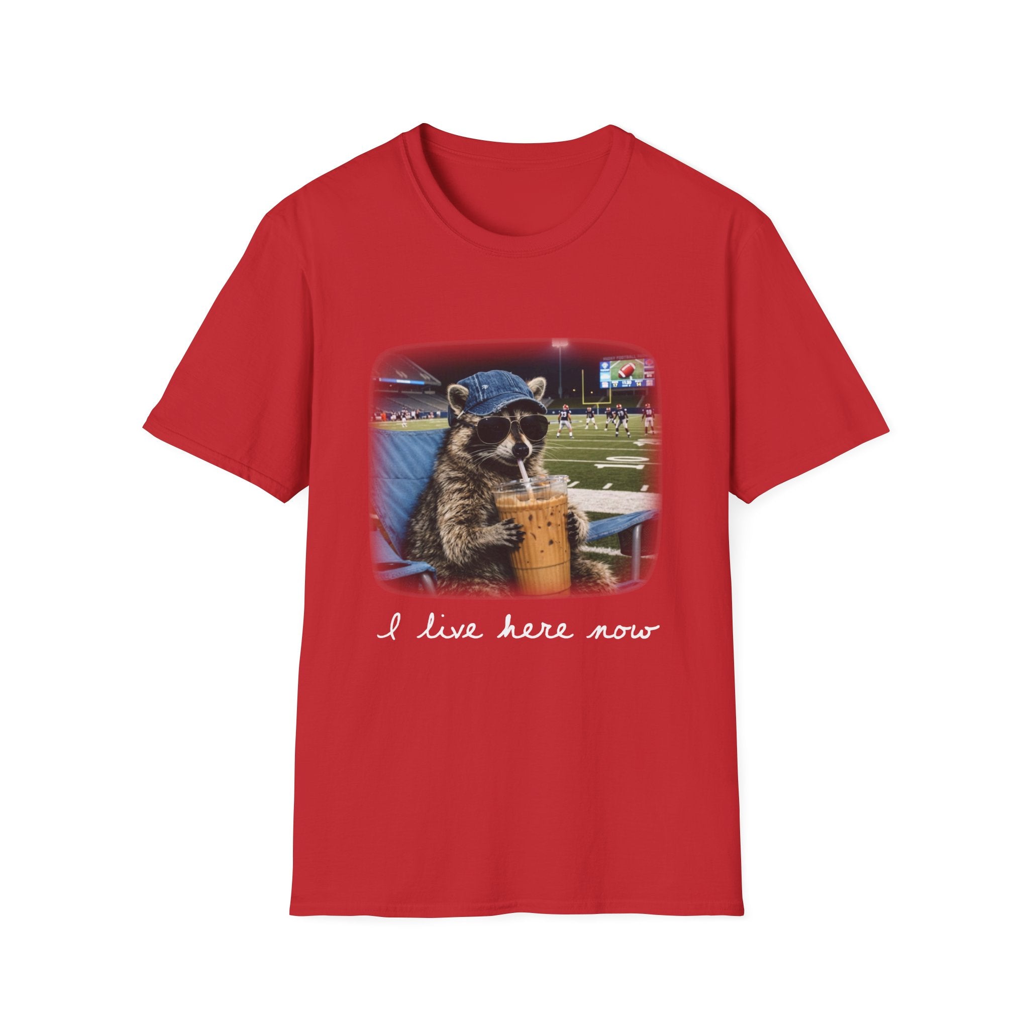 Raccoon Football Stadium Tee – "I Live Here Now" Graphic T-Shirt